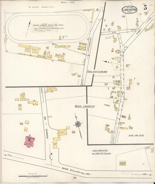 Sanborn Fire Insurance Map from Lancaster, Worcester County, Massachusetts (1945), Sheet #0005 - Historic Sanborn Fire Insurance Map Print, vintage old map wall art, antique decor, genealogy gift, Massachusetts Massachusetts map