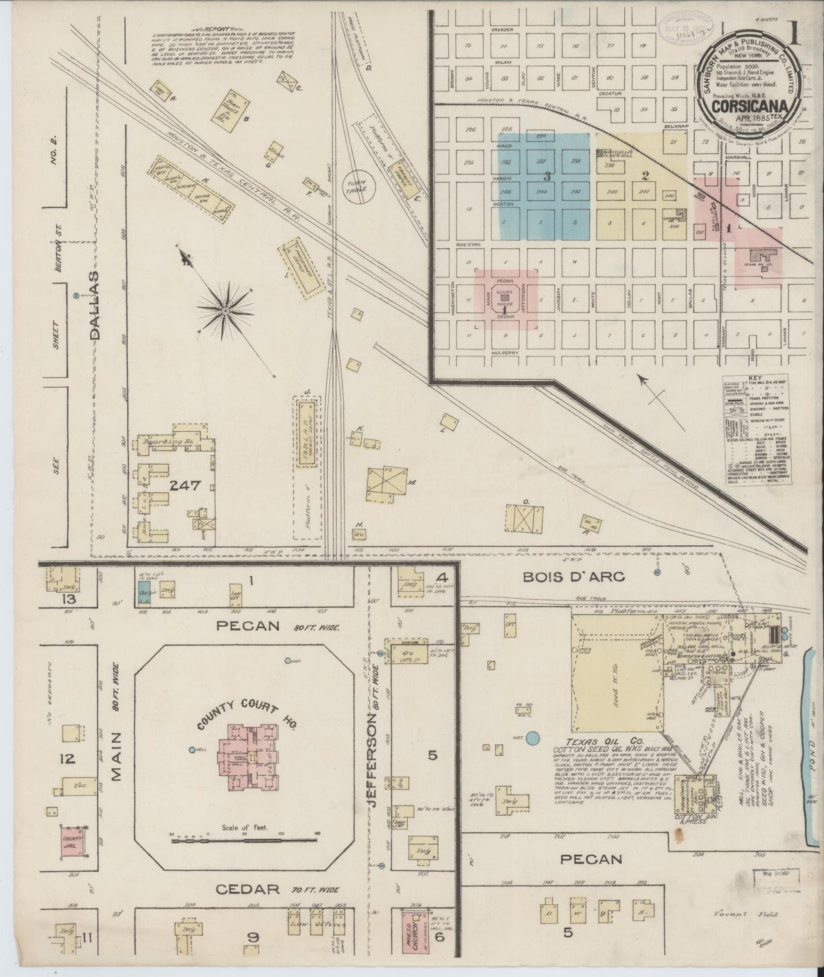 Sanborn Fire Insurance Map from Corsicana, Navarro County, Texas (1885), Sheet #0001 - Complete Map Set gallery image, historic Sanborn map, vintage wall art, Texas Texas