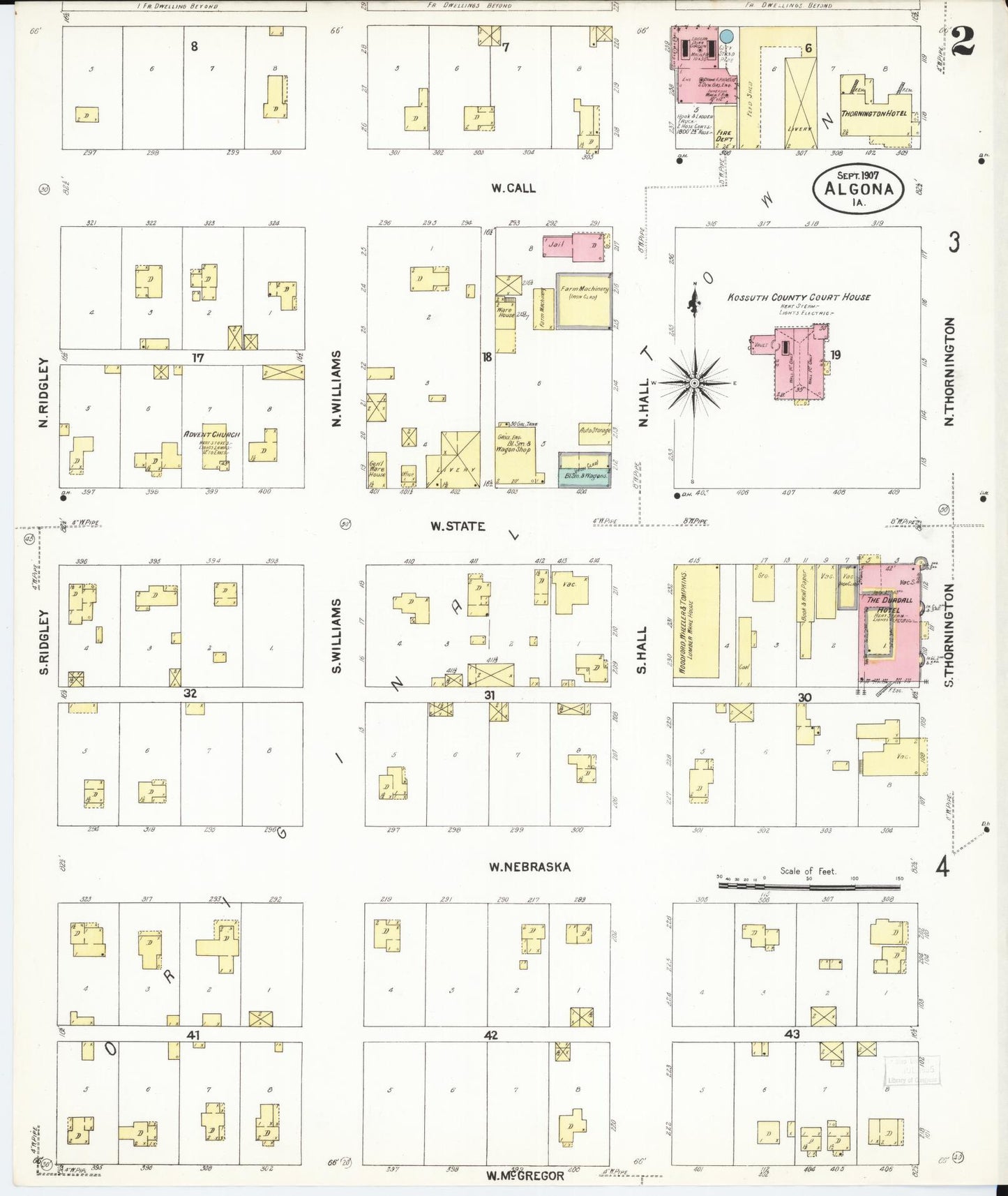 Sanborn Fire Insurance Map from Algona, Kossuth County, Iowa (1907), Sheet #0002 - Historic Sanborn Fire Insurance Map Print, vintage old map wall art