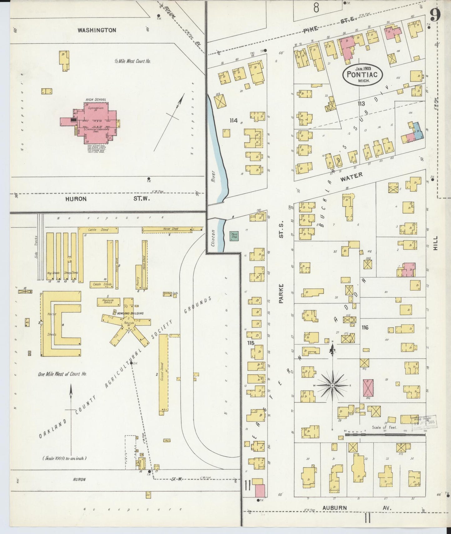 Sanborn Fire Insurance Map from Pontiac, Oakland County, Michigan (1903), Sheet #0009 - Historic Sanborn Fire Insurance Map Print, vintage old map wall art, antique decor, genealogy gift, Michigan Michigan map