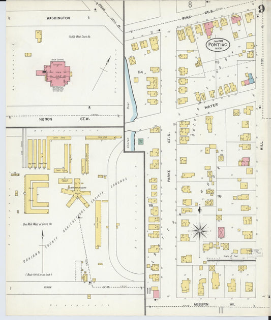 Sanborn Fire Insurance Map from Pontiac, Oakland County, Michigan (1903), Sheet #0009 - Historic Sanborn Fire Insurance Map Print, vintage old map wall art, antique decor, genealogy gift, Michigan Michigan map