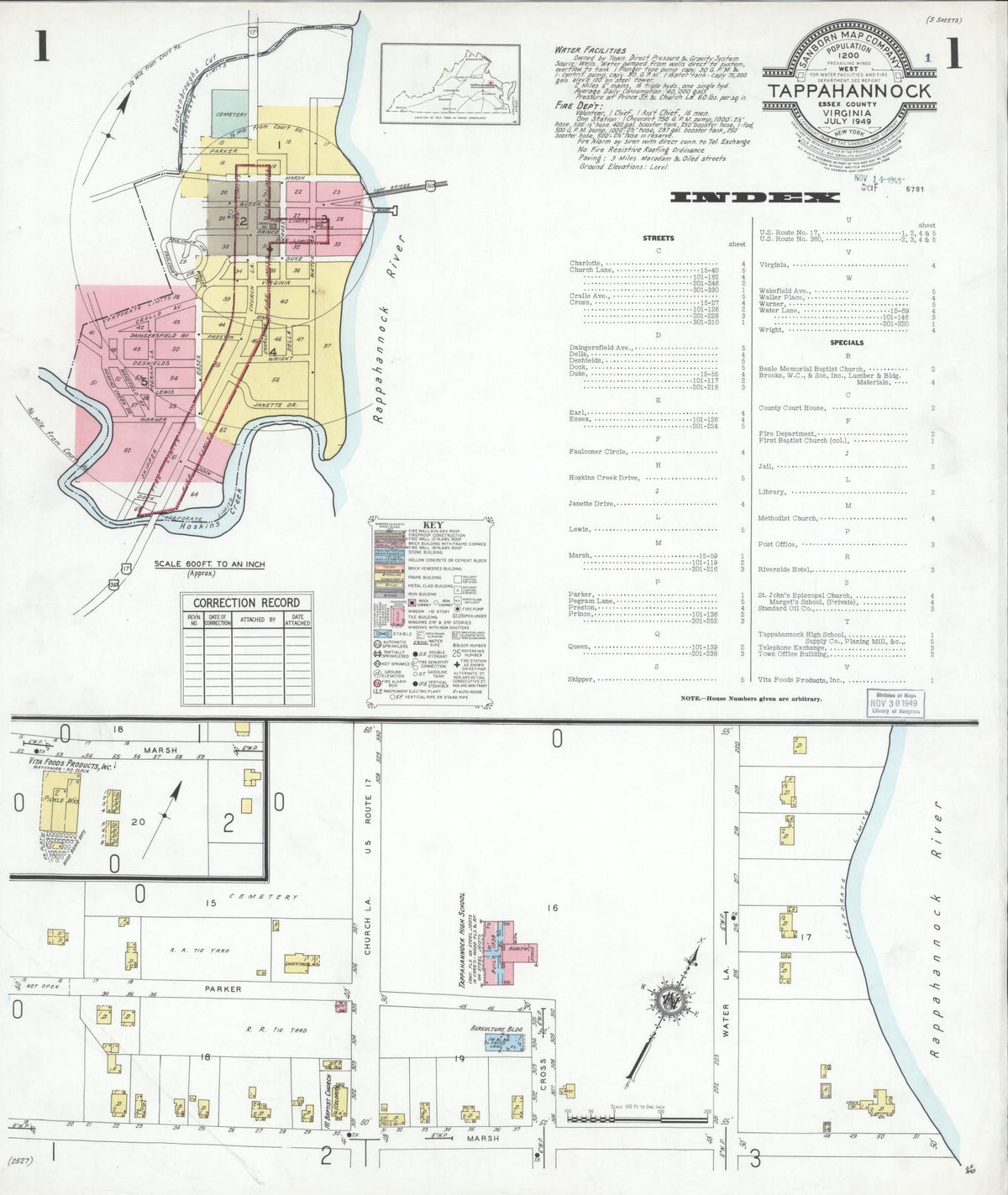 Sanborn Fire Insurance Map from Tappahannock, Essex County, Virginia (1949), Sheet #0001 - Complete Map Set gallery image, historic Sanborn map, vintage wall art, Virginia Virginia
