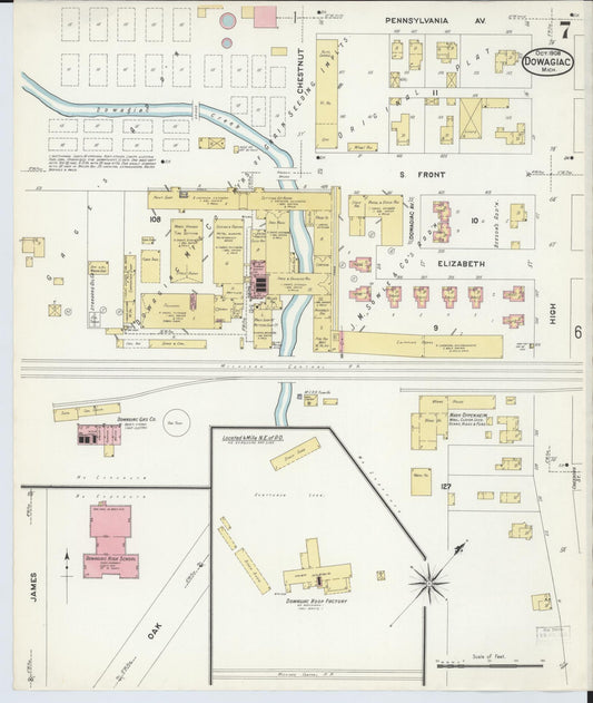 Sanborn Fire Insurance Map from Dowagiac, Cass County, Michigan (1908), Sheet #0007 - Historic Sanborn Fire Insurance Map Print, vintage old map wall art, antique decor, genealogy gift, Michigan Michigan map