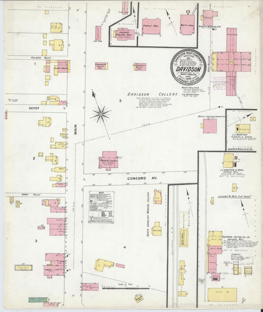 Sanborn Fire Insurance Map from Davidson, Mecklenburg County, North Carolina (1908), Sheet #0001 - Historic Sanborn Fire Insurance Map Print, vintage old map wall art, antique decor, genealogy gift, North Carolina North Carolina map