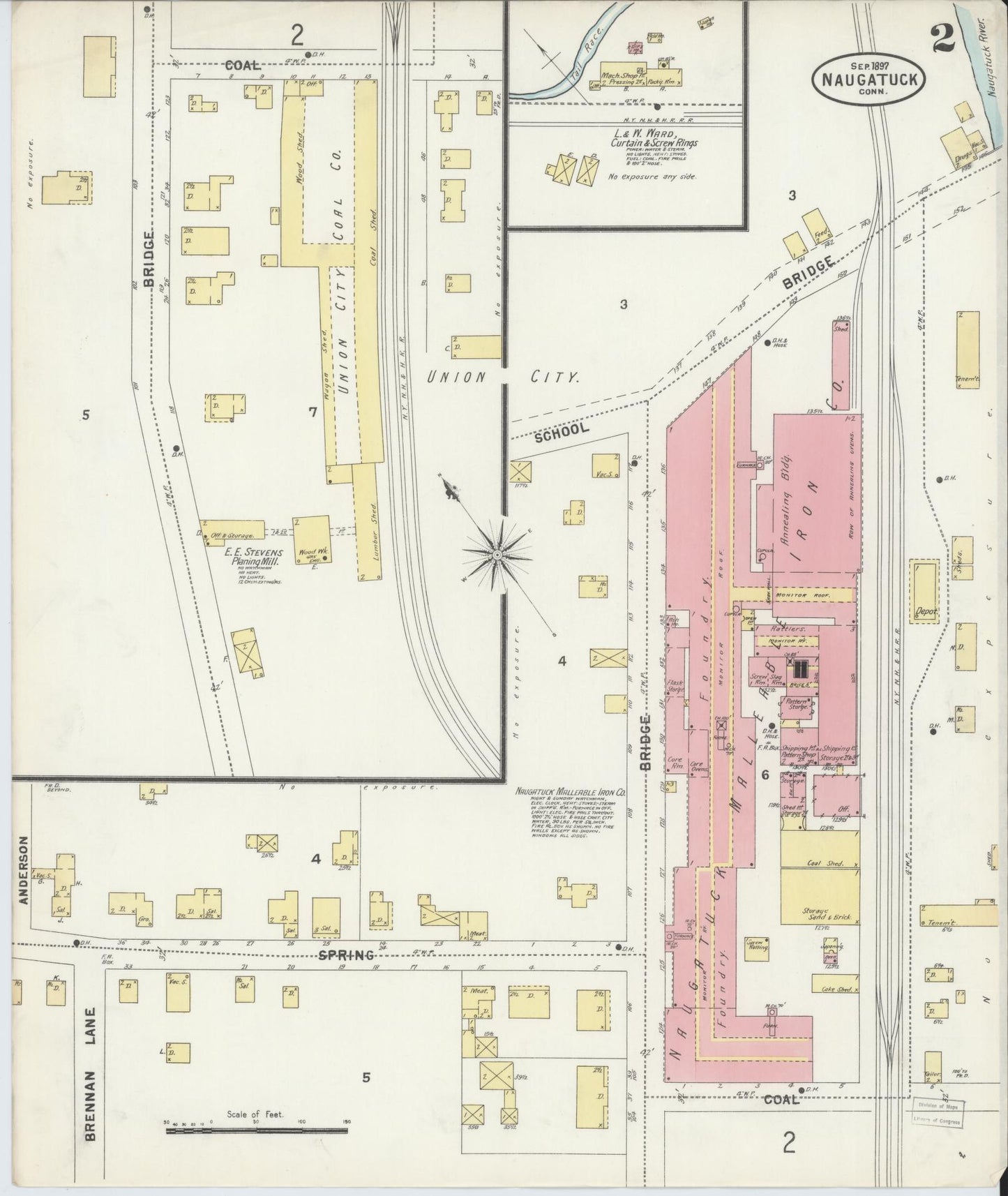 Sanborn Fire Insurance Map from Naugatuck, New Haven County, Connecticut (1897), Sheet #0002 - Complete Map Set gallery image, historic Sanborn map, vintage wall art, Connecticut Connecticut