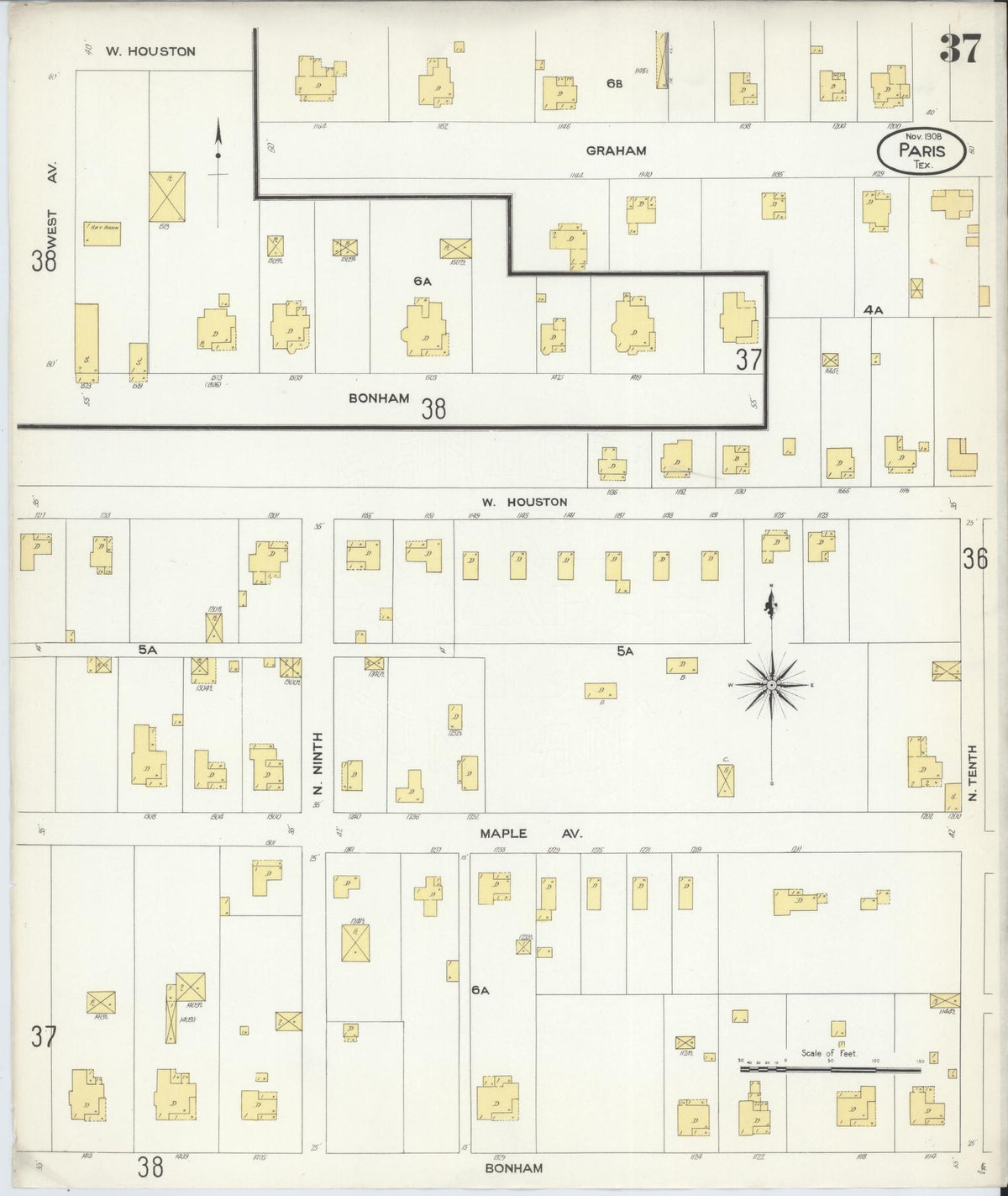Sanborn Fire Insurance Map from Paris, Lamar County, Texas (1908), Sheet #0037 - Historic Sanborn Fire Insurance Map Print, vintage old map wall art, antique decor, genealogy gift, Texas Texas map