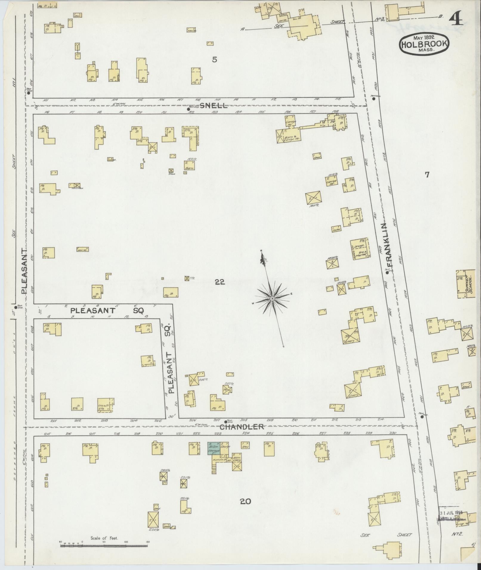 Sanborn Fire Insurance Map from Holbrook, Norfolk County, Massachusetts (1892), Sheet #0004 - Historic Sanborn Fire Insurance Map Print, vintage old map wall art, antique decor, genealogy gift, Massachusetts Massachusetts map