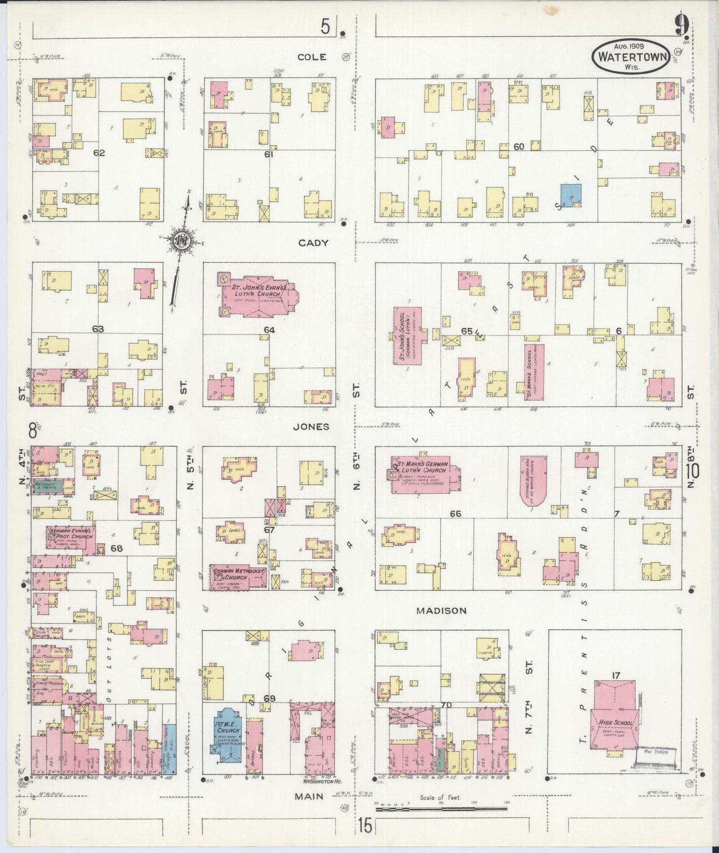 Sanborn Fire Insurance Map from Watertown, Jefferson County, Wisconsin (1909), Sheet #0009 - Complete Map Set gallery image, historic Sanborn map, vintage wall art, Wisconsin Wisconsin