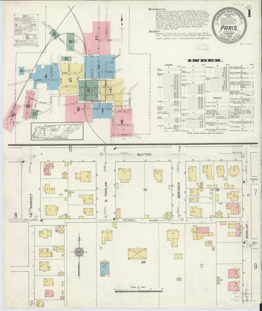 Sanborn Fire Insurance Map from Paris, Henry County, Tennessee (1913), Sheet #0001 - Historic Sanborn Fire Insurance Map Print, vintage old map wall art, antique decor, genealogy gift, Tennessee Tennessee map