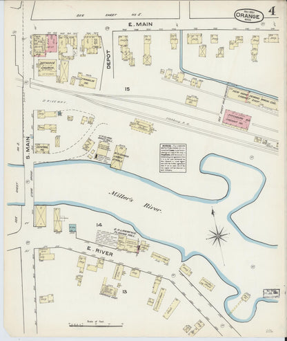 Sanborn Fire Insurance Map from Orange, Franklin County, Massachusetts (1884), Sheet #0004 - Historic Sanborn Fire Insurance Map Print, vintage old map wall art, antique decor, genealogy gift, Massachusetts Massachusetts map