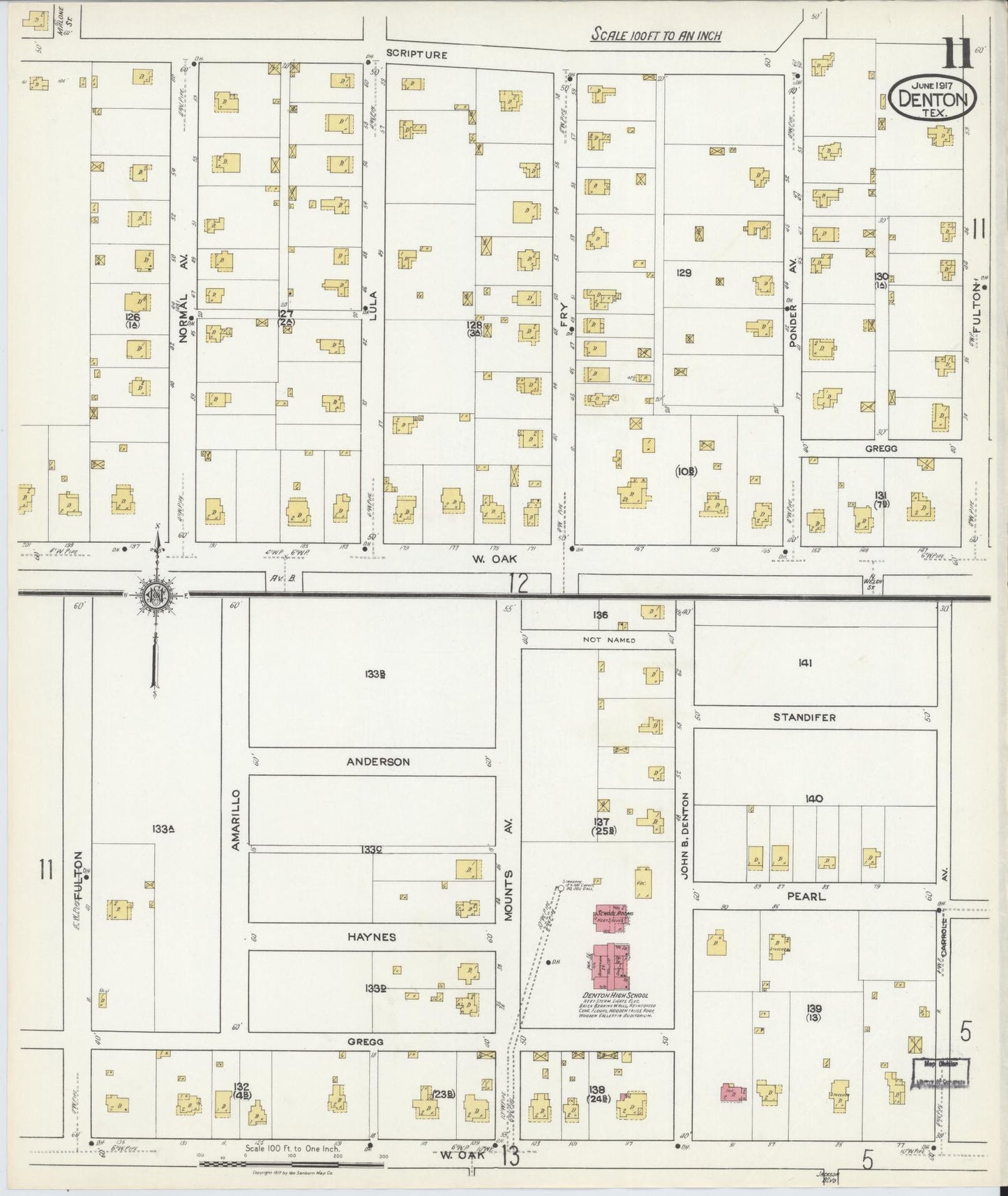 Sanborn Fire Insurance Map from Denton, Denton County, Texas (1917), Sheet #0011 - Historic Sanborn Fire Insurance Map Print, vintage old map wall art, antique decor, genealogy gift, Texas Texas map