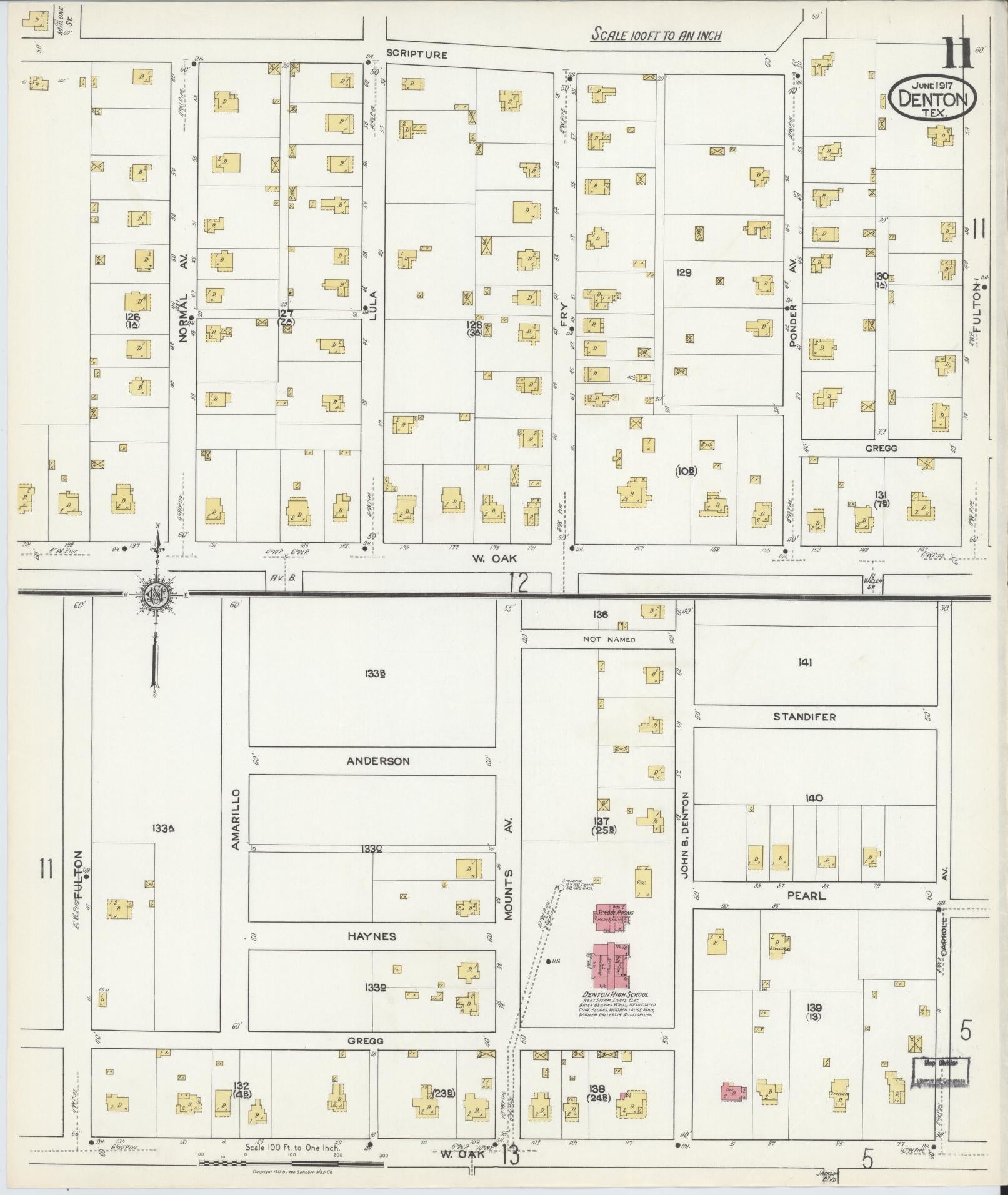 Sanborn Fire Insurance Map from Denton, Denton County, Texas (1917), Sheet #0011 - Historic Sanborn Fire Insurance Map Print, vintage old map wall art, antique decor, genealogy gift, Texas Texas map