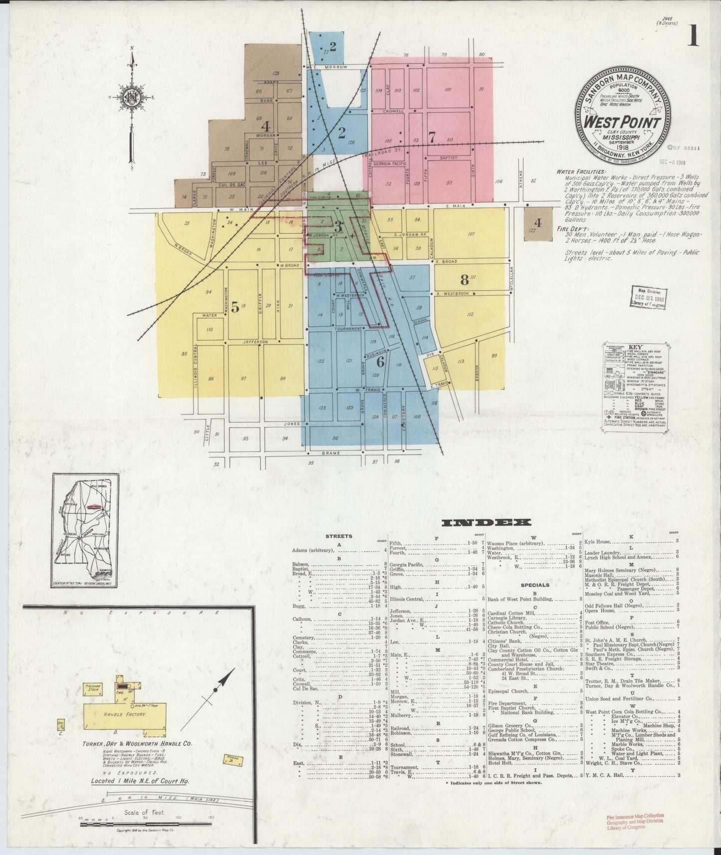 Sanborn Fire Insurance Map from West Point, Clay County, Mississippi (1918), Sheet #0001 - Complete Map Set gallery image, historic Sanborn map, vintage wall art, Mississippi Mississippi