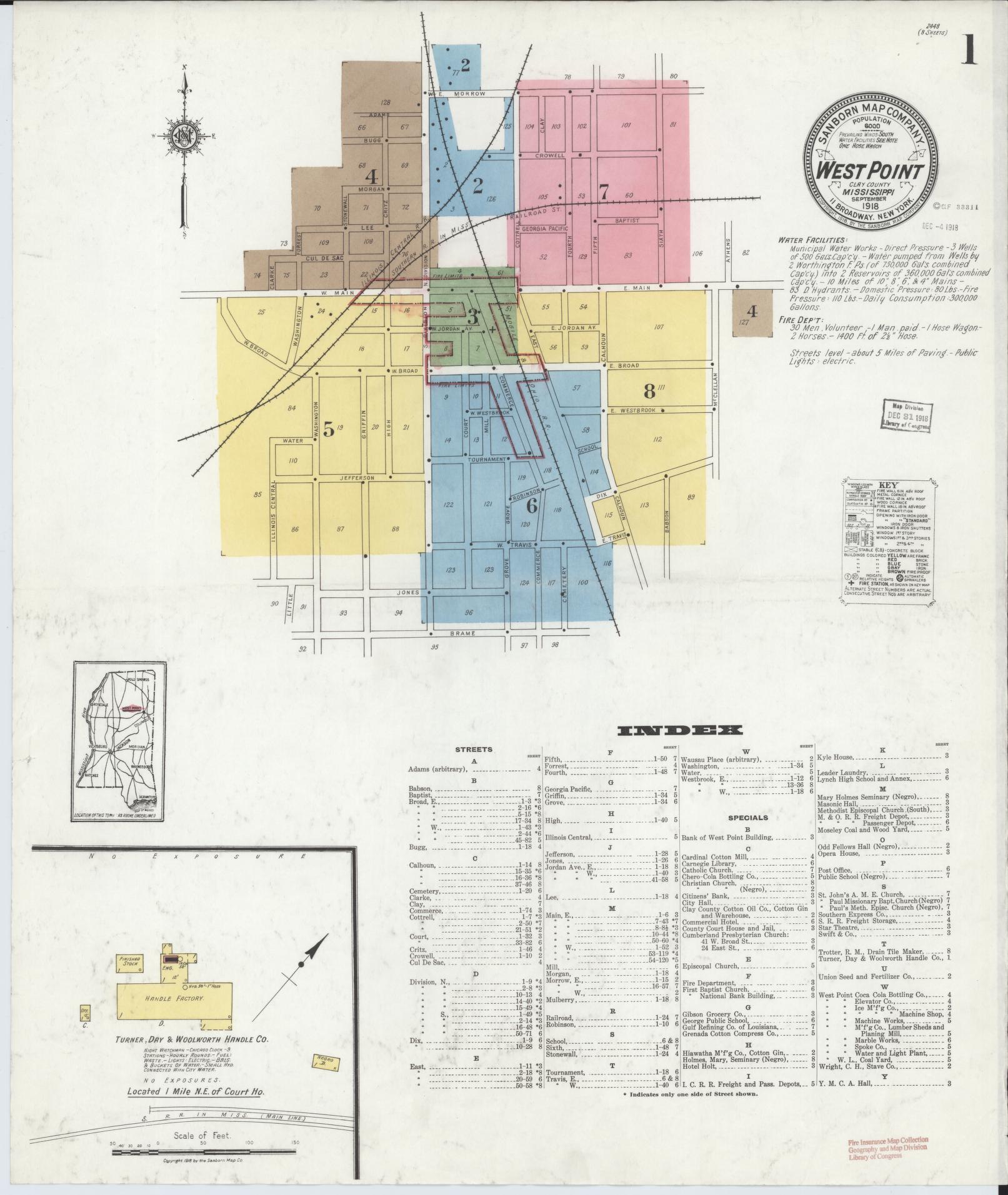 Sanborn Fire Insurance Map from West Point, Clay County, Mississippi (1918), Sheet #0001 - Complete Map Set gallery image, historic Sanborn map, vintage wall art, Mississippi Mississippi