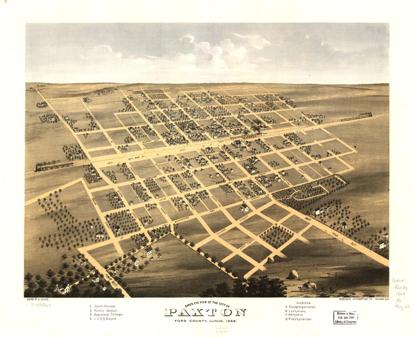Bird's eye view of the city of Paxton, Ford County, Illinois 1869. (1869) – Historic Bird’s-Eye View Panorama Print