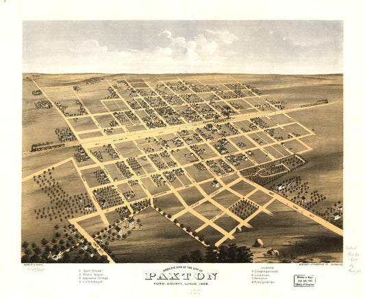 Bird's eye view of the city of Paxton, Ford County, Illinois 1869. (1869) – Historic Bird’s-Eye View Panorama Print
