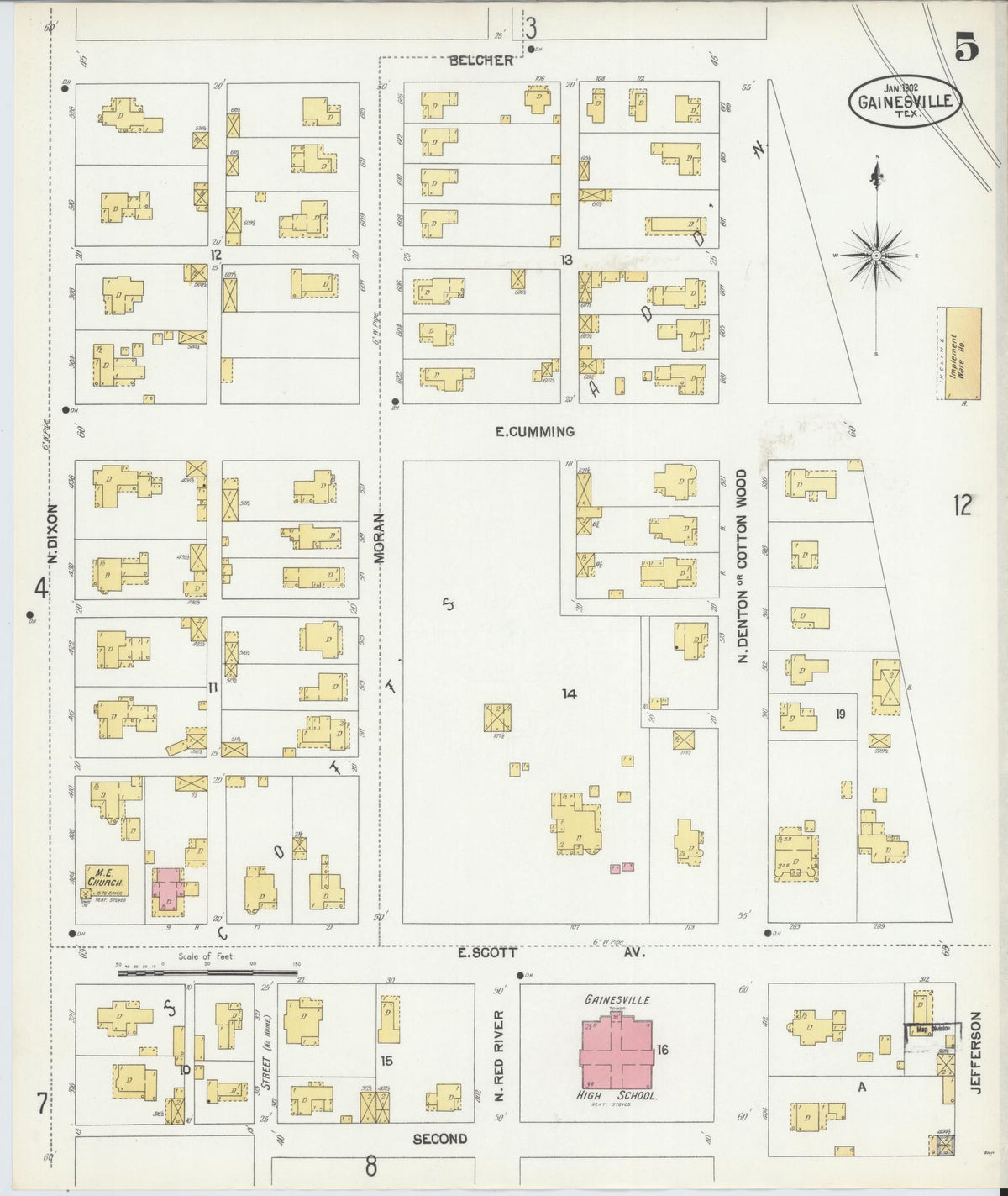 Sanborn Fire Insurance Map from Gainesville, Cooke County, Texas (1902), Sheet #0005 - Historic Sanborn Fire Insurance Map Print, vintage old map wall art, antique decor, genealogy gift, Texas Texas map