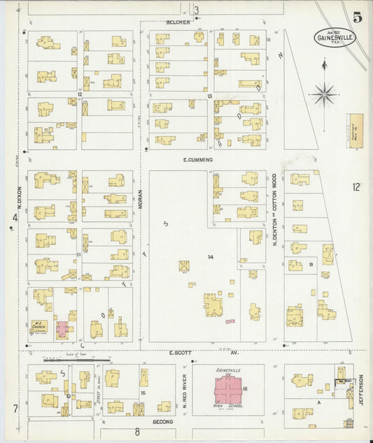 Sanborn Fire Insurance Map from Gainesville, Cooke County, Texas (1902), Sheet #0005 - Historic Sanborn Fire Insurance Map Print, vintage old map wall art, antique decor, genealogy gift, Texas Texas map