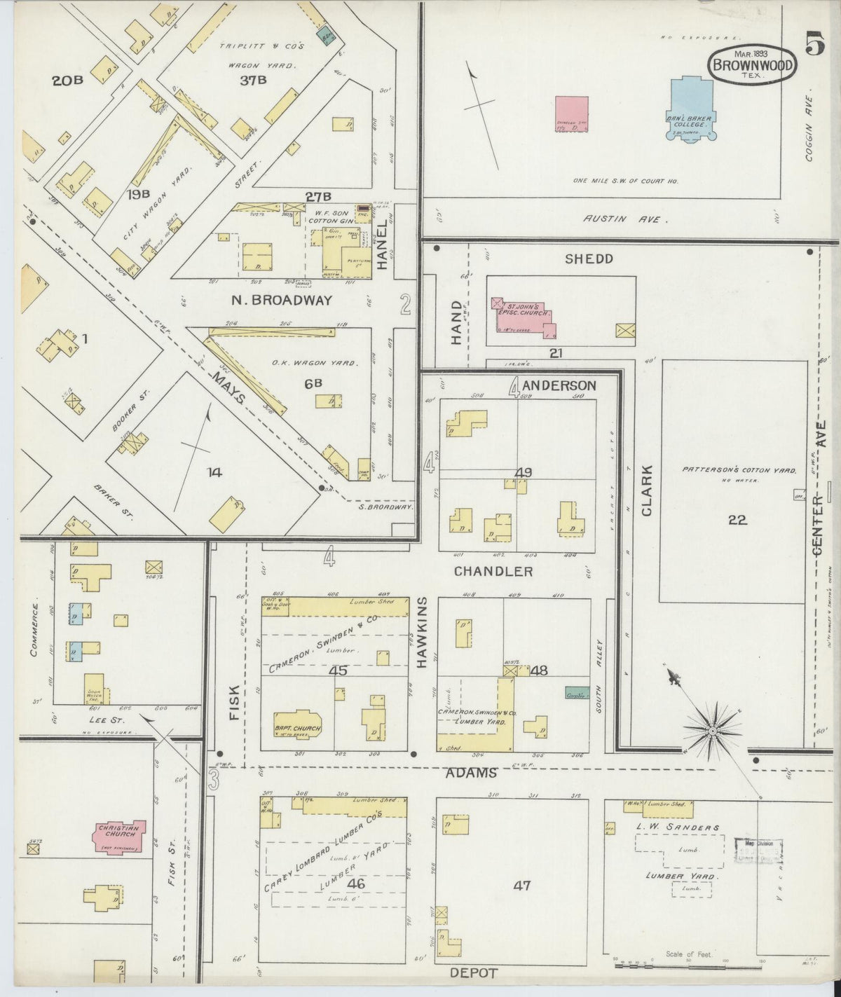 Sanborn Fire Insurance Map from Brownwood, Brown County, Texas (1893), Sheet #0005 - Complete Map Set gallery image, historic Sanborn map, vintage wall art, Texas Texas