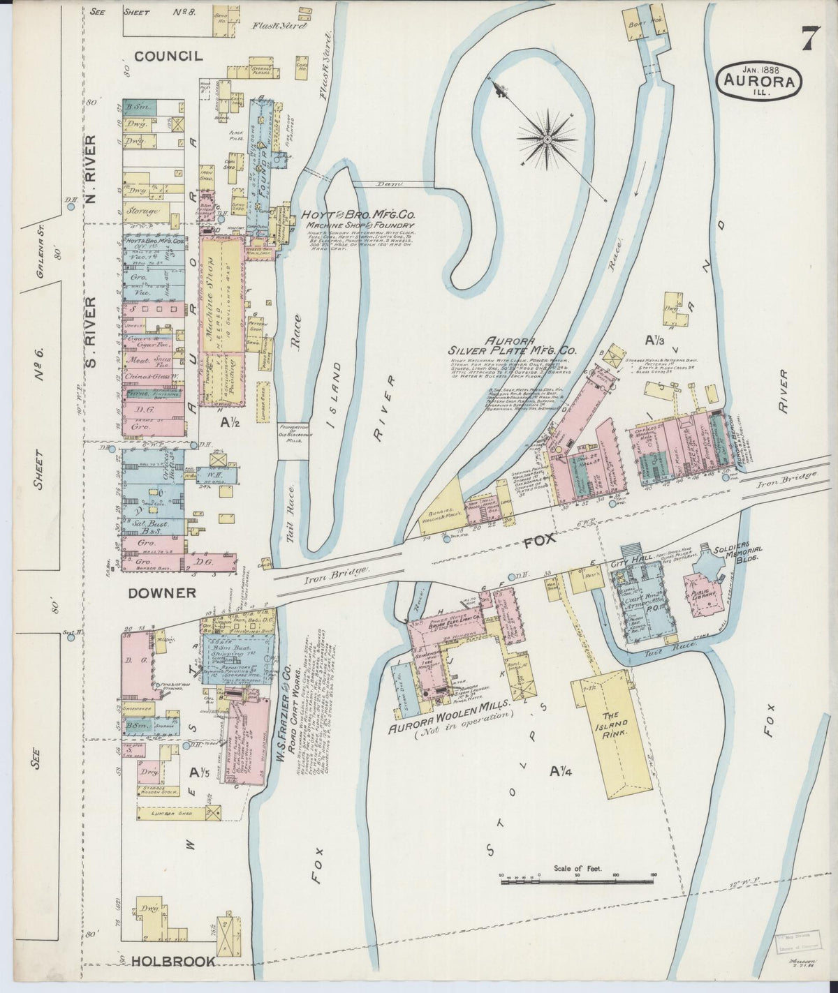 Sanborn Fire Insurance Map from Aurora, Kane County, Illinois (1888), Sheet #0007 - Historic Sanborn Fire Insurance Map Print, vintage old map wall art, antique decor, genealogy gift, Illinois Illinois map