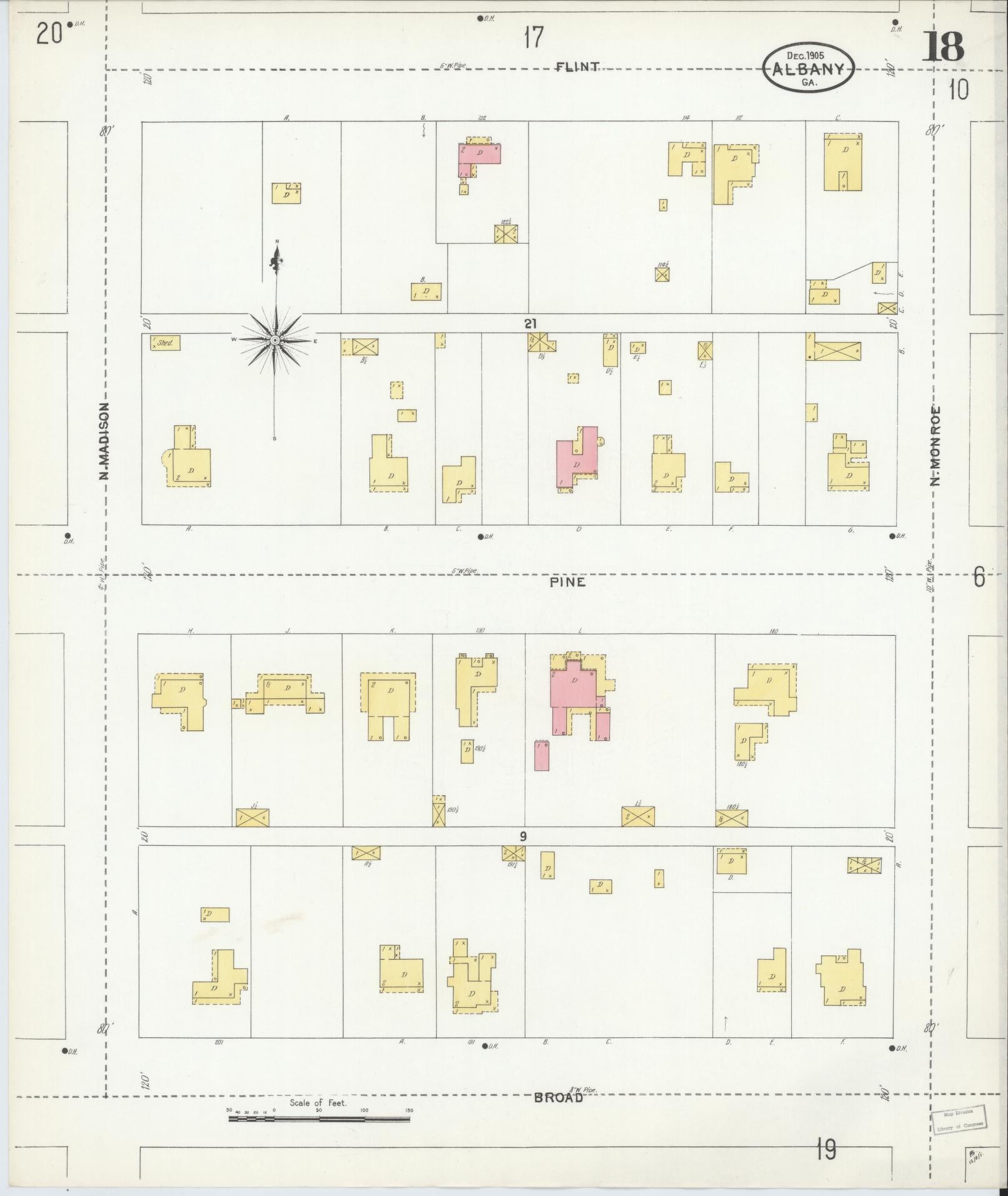 Sanborn Fire Insurance Map from Albany, Dougherty County, Georgia (1905), Sheet #0018 - Historic Sanborn Fire Insurance Map Print, vintage old map wall art, antique decor, genealogy gift, Georgia Georgia map