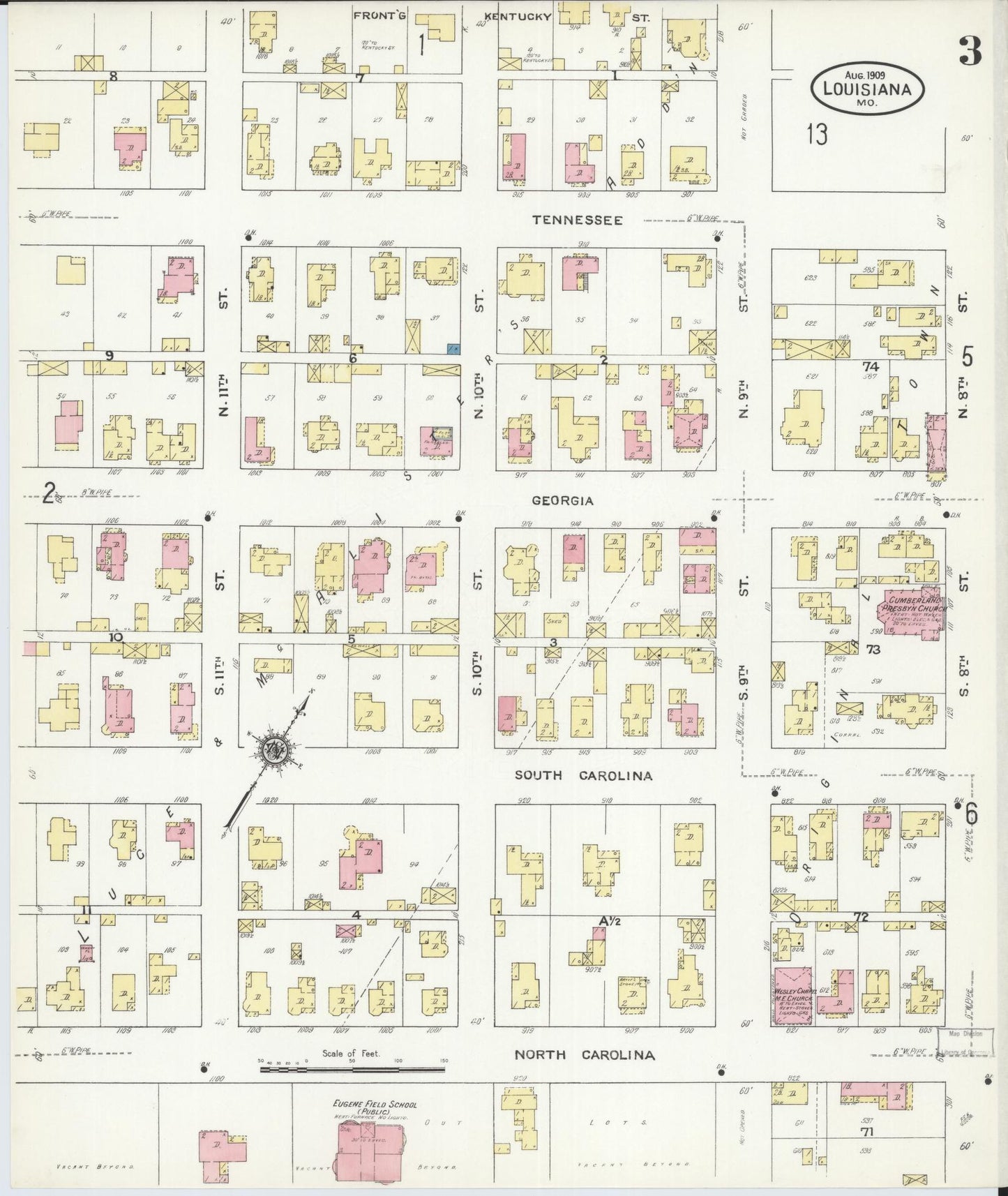 Sanborn Fire Insurance Map from Louisiana, Pike County, Missouri (1909), Sheet #0003 - Complete Map Set gallery image, historic Sanborn map, vintage wall art, Missouri Missouri