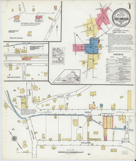Sanborn Fire Insurance Map from Christiansburg, Montgomery County, Virginia (1921), Sheet #0001 - Complete Map Set gallery image, historic Sanborn map, vintage wall art, Virginia Virginia