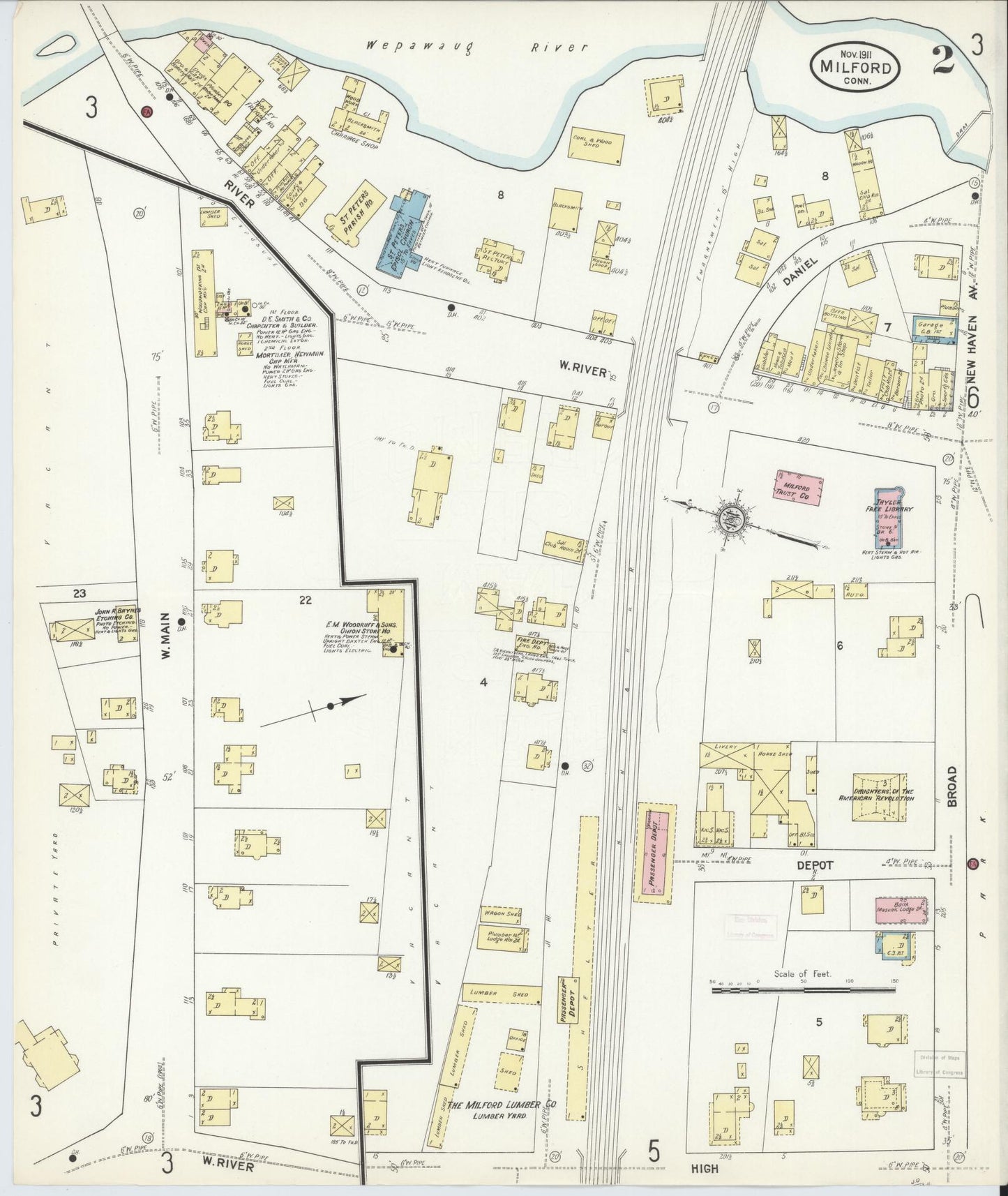 Sanborn Fire Insurance Map from Milford, New Haven County, Connecticut (1911), Sheet #0002 - Historic Sanborn Fire Insurance Map Print, vintage old map wall art, antique decor, genealogy gift, Connecticut Connecticut map