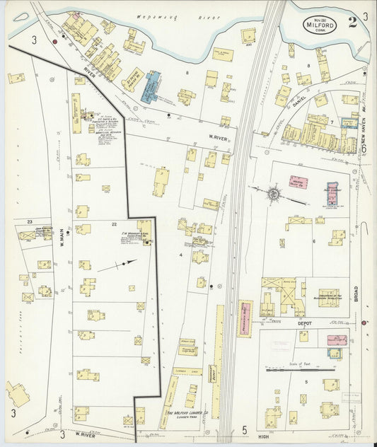 Sanborn Fire Insurance Map from Milford, New Haven County, Connecticut (1911), Sheet #0002 - Historic Sanborn Fire Insurance Map Print, vintage old map wall art, antique decor, genealogy gift, Connecticut Connecticut map