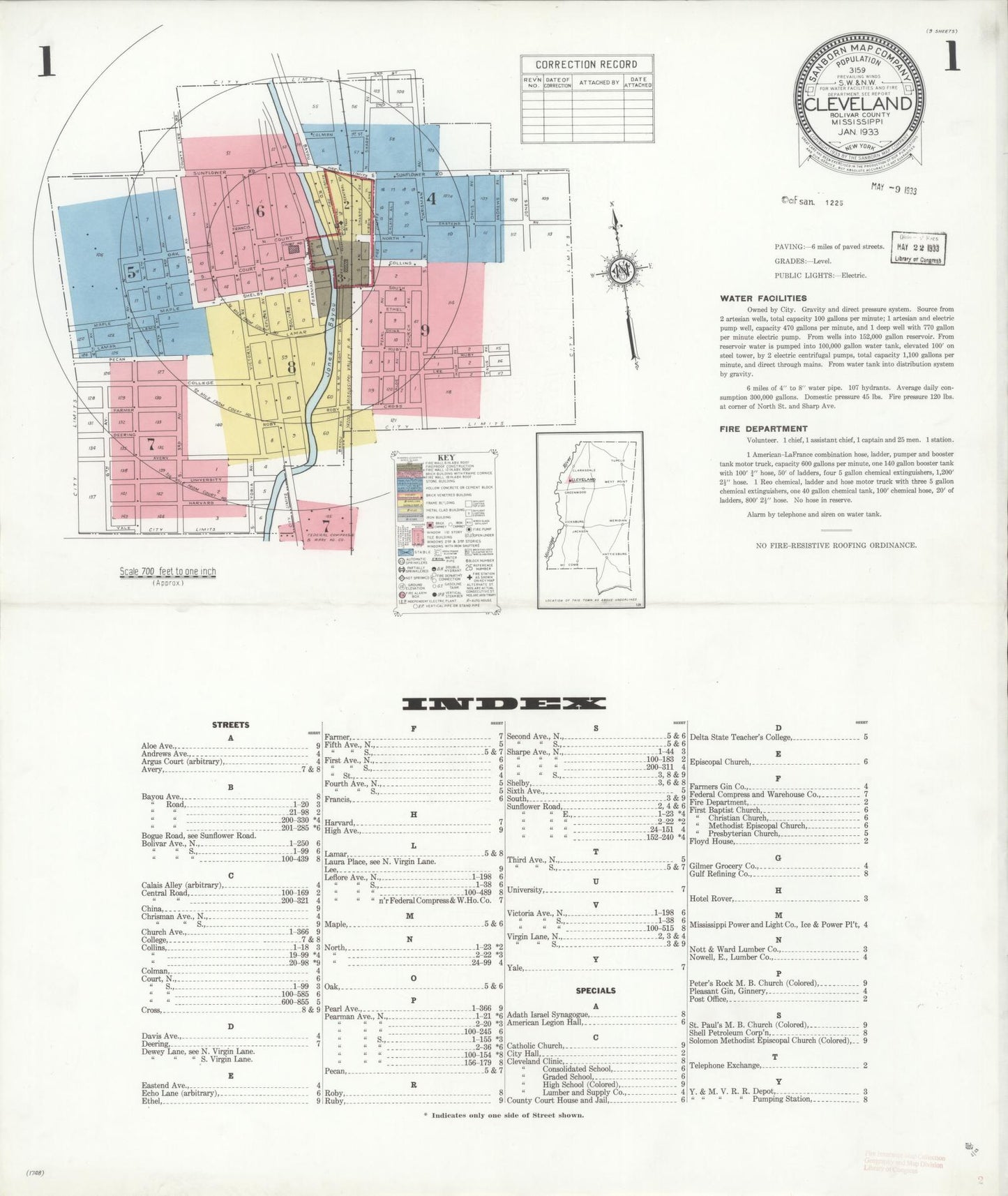 Sanborn Fire Insurance Map from Cleveland, Bolivar County, Mississippi (1933), Sheet #0001 - Complete Map Set gallery image, historic Sanborn map, vintage wall art, Mississippi Mississippi