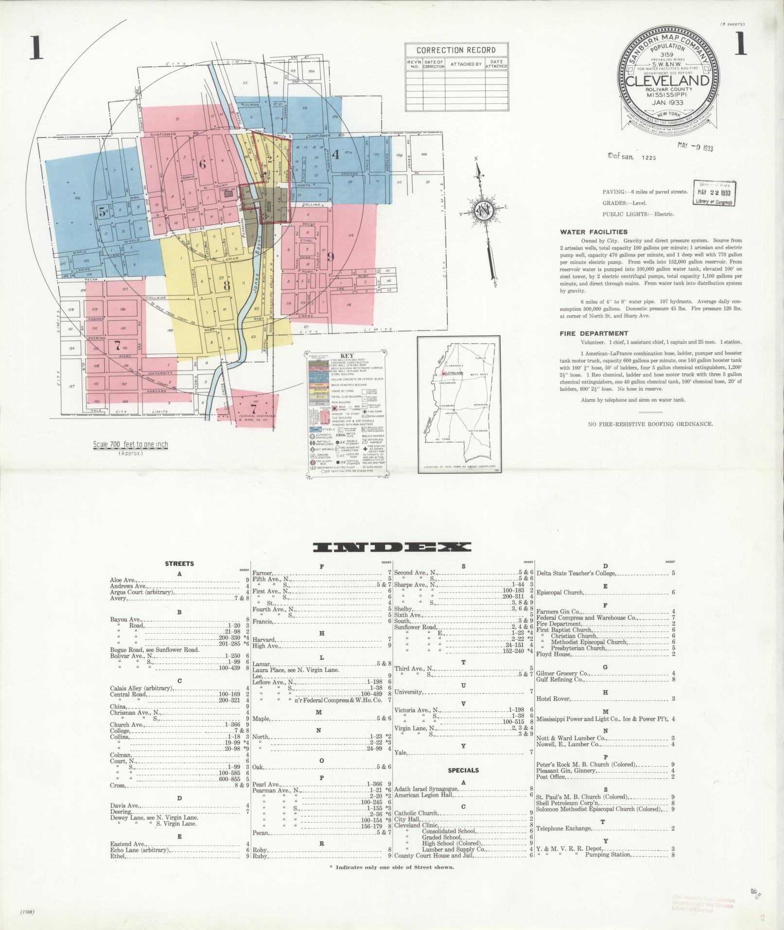 Sanborn Fire Insurance Map from Cleveland, Bolivar County, Mississippi (1933), Sheet #0001 - Complete Map Set gallery image, historic Sanborn map, vintage wall art, Mississippi Mississippi