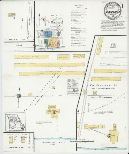 Sanborn Fire Insurance Map from New Madrid, New Madrid County, Missouri (1919), Sheet #0001 - Historic Sanborn Fire Insurance Map Print, vintage old map wall art, antique decor, genealogy gift, Missouri Missouri map