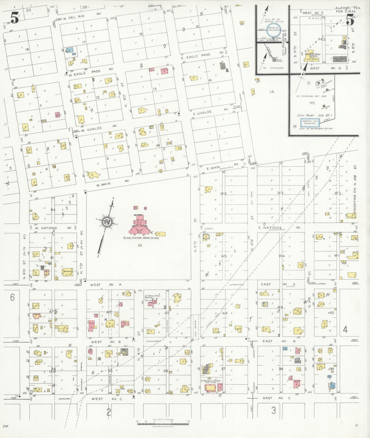 Sanborn Fire Insurance Map from Alpine, Brewster County, Texas (1933), Sheet #0005 - Complete Map Set gallery image, historic Sanborn map, vintage wall art, Texas Texas