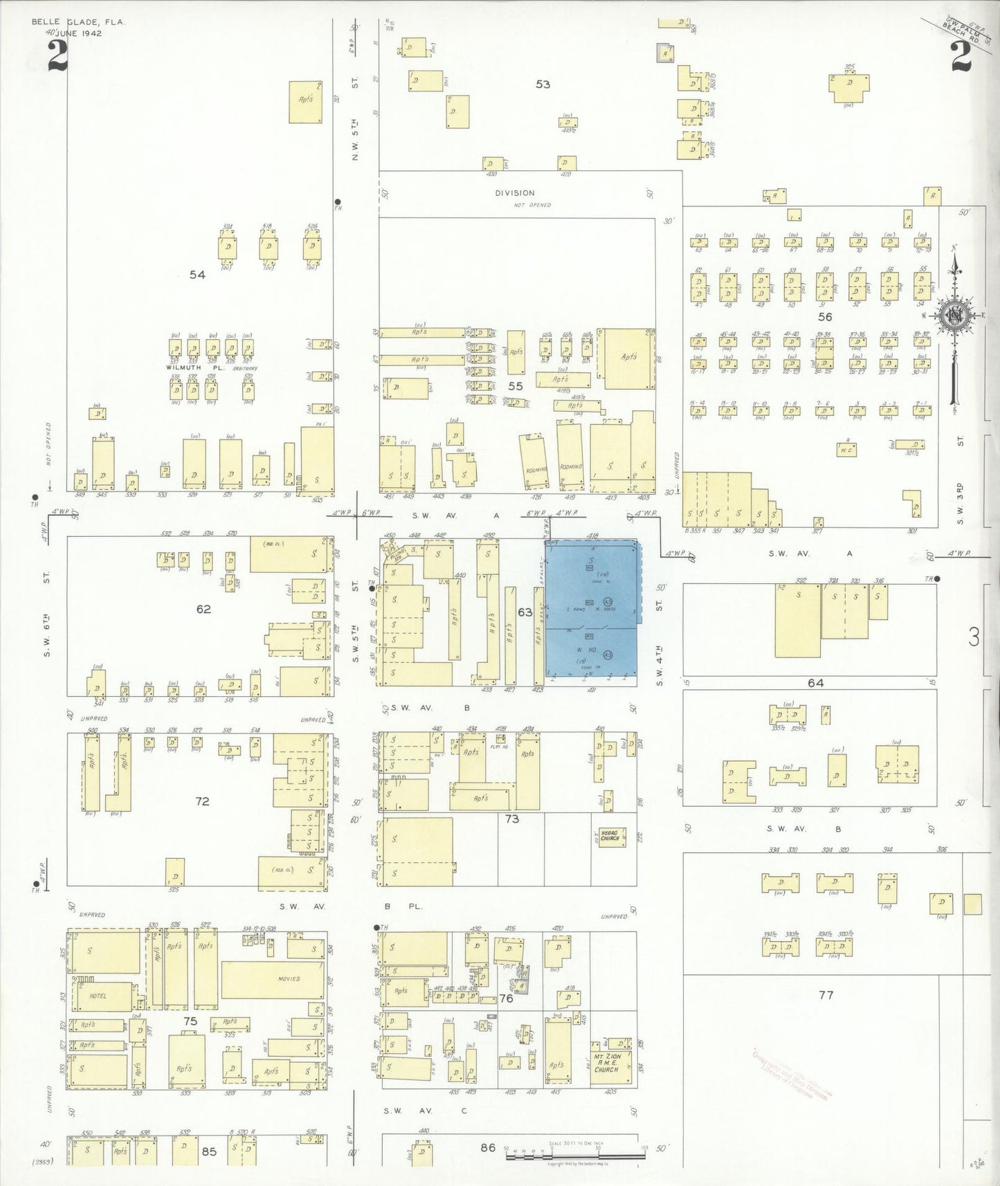 Sanborn Fire Insurance Map from Belle Glade, Palm Beach County, Florida (1942), Sheet #0002 - Complete Map Set gallery image, historic Sanborn map, vintage wall art, Florida Florida
