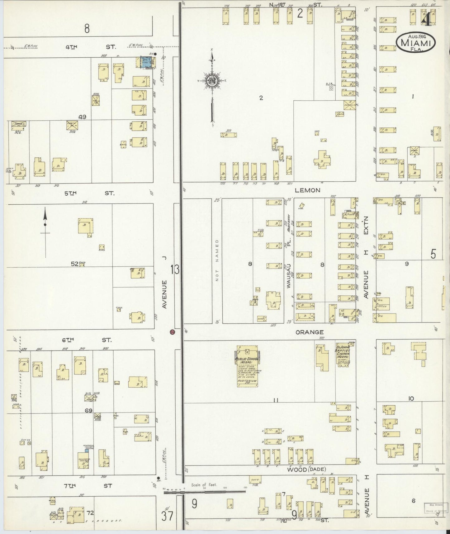 Sanborn Fire Insurance Map from Miami, Dade County, Florida (1914), Sheet #0004 - Historic Sanborn Fire Insurance Map Print, vintage old map wall art, antique decor, genealogy gift, Florida Florida map