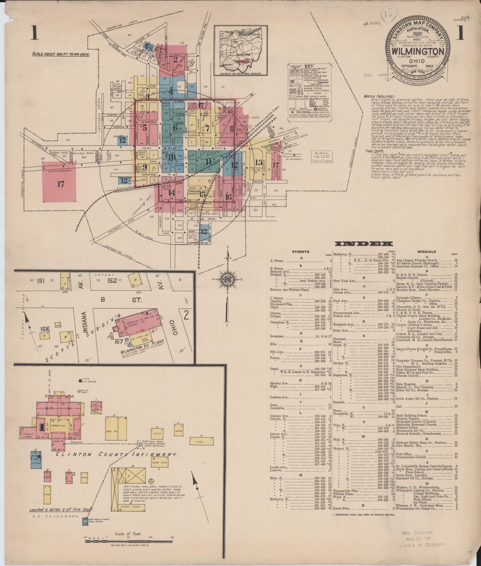 Sanborn Fire Insurance Map from Wilmington, Clinton County, Ohio (1922), Sheet #0001 - Historic Sanborn Fire Insurance Map Print, vintage old map wall art, antique decor, genealogy gift, Ohio Ohio map