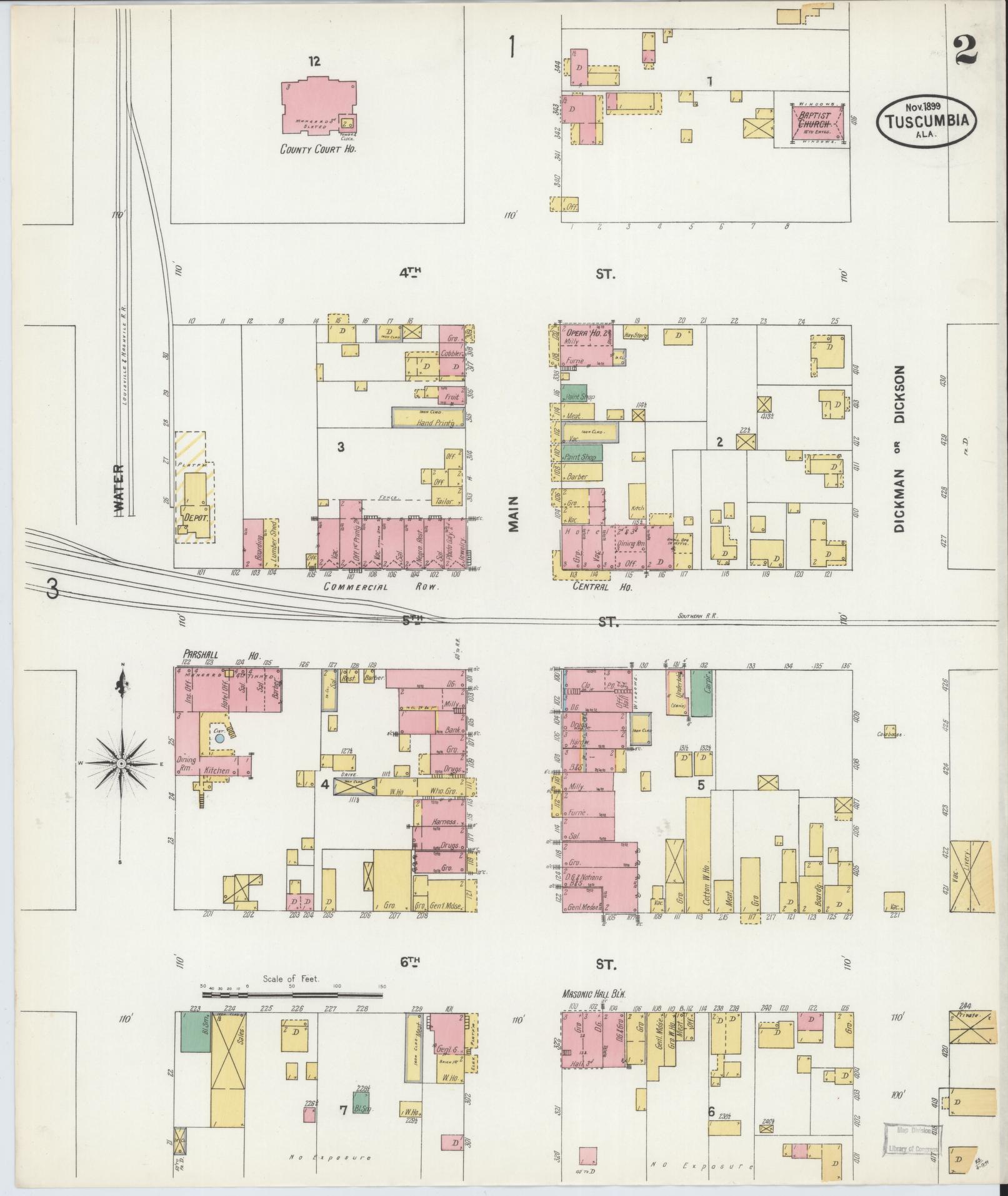 Sanborn Fire Insurance Map from Tuscumbia, Colbert County, Alabama (1899), Sheet #0002 - Complete Map Set gallery image, historic Sanborn map, vintage wall art, Alabama Alabama