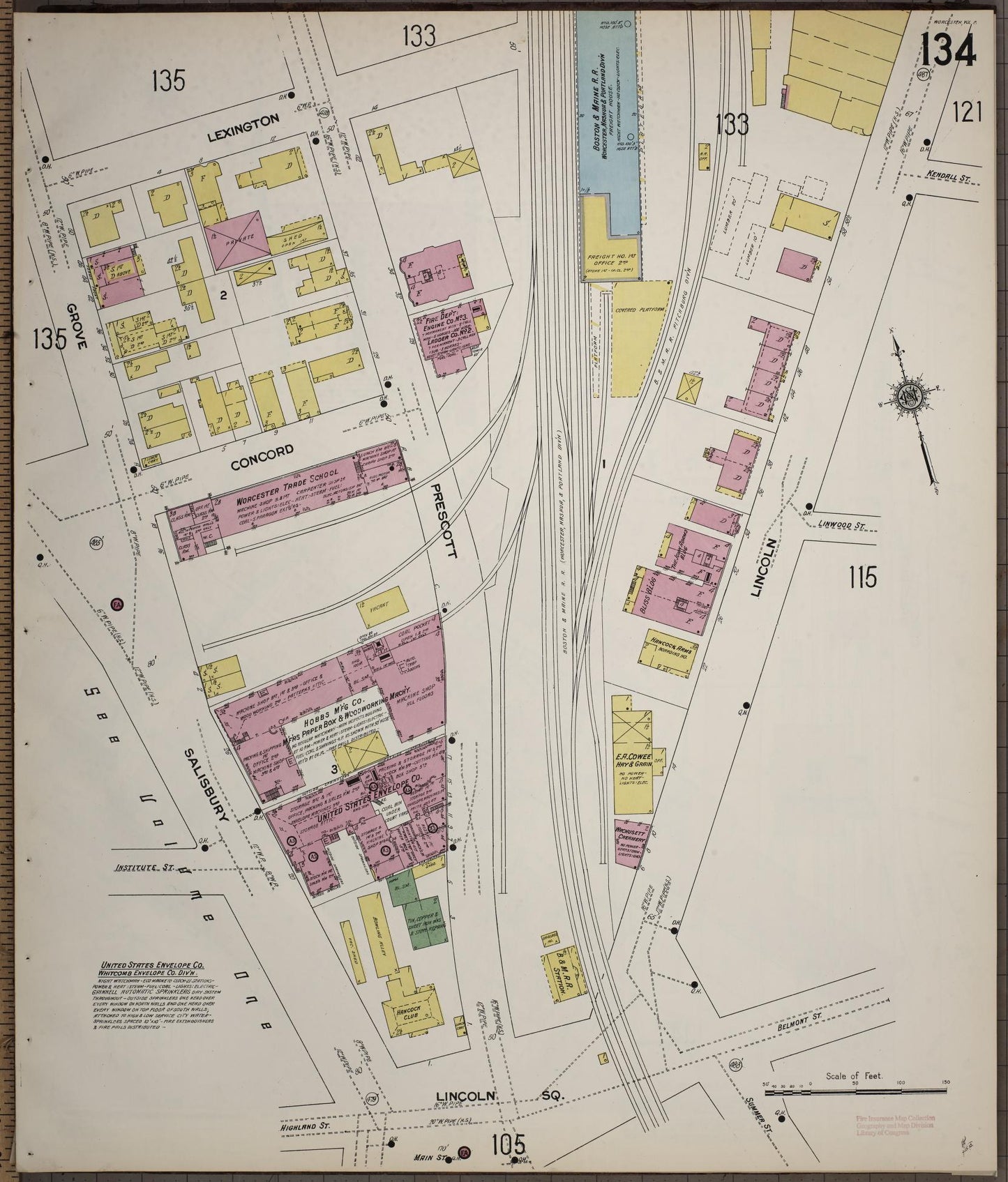 Sanborn Fire Insurance Map from Worcester, Worcester County, Massachusetts (1910), Sheet #0134 - Complete Map Set gallery image, historic Sanborn map, vintage wall art, Massachusetts Massachusetts