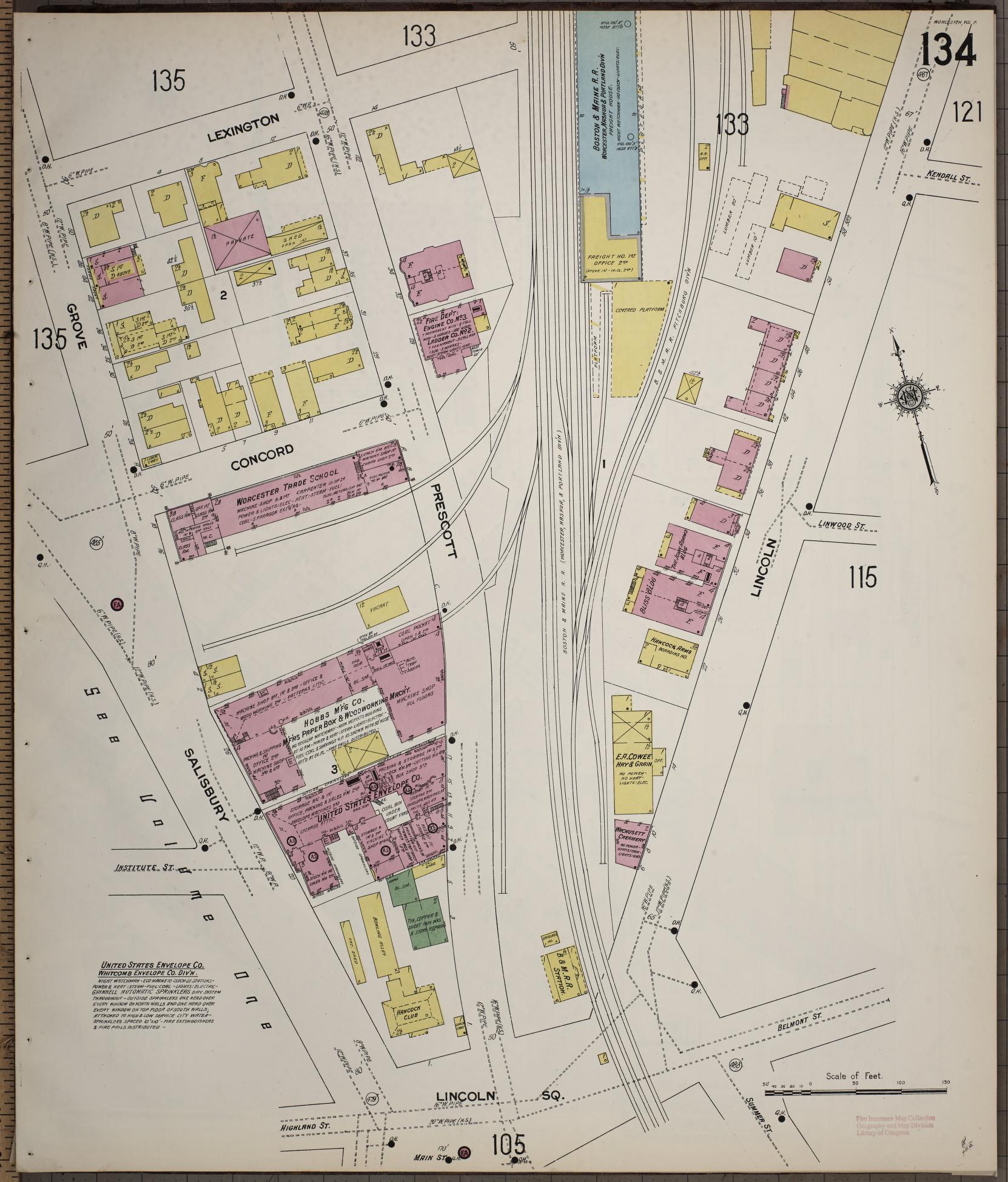 Sanborn Fire Insurance Map from Worcester, Worcester County, Massachusetts (1910), Sheet #0134 - Complete Map Set gallery image, historic Sanborn map, vintage wall art, Massachusetts Massachusetts