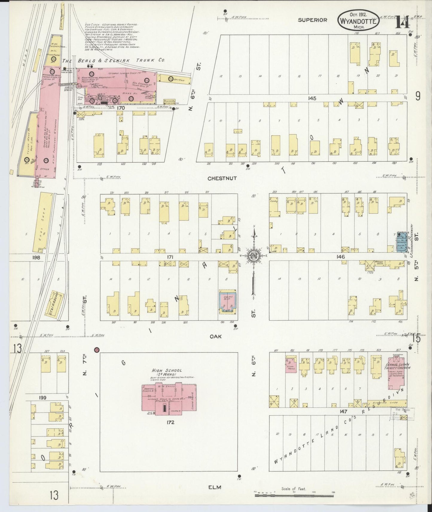 Sanborn Fire Insurance Map from Wyandotte, Wayne County, Michigan (1912), Sheet #0014 - Historic Sanborn Fire Insurance Map Print, vintage old map wall art, antique decor, genealogy gift, Michigan Michigan map