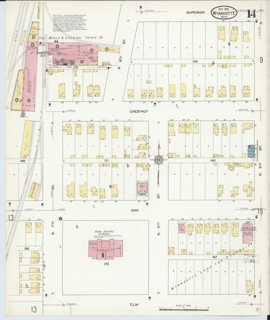 Sanborn Fire Insurance Map from Wyandotte, Wayne County, Michigan (1912), Sheet #0014 - Historic Sanborn Fire Insurance Map Print, vintage old map wall art, antique decor, genealogy gift, Michigan Michigan map