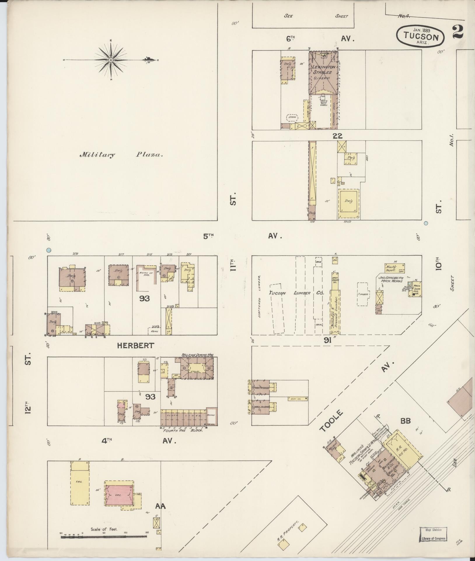Sanborn Fire Insurance Map from Tucson, Pima County, Arizona (1889), Sheet #0002 - Complete Map Set gallery image, historic Sanborn map, vintage wall art, Arizona Arizona