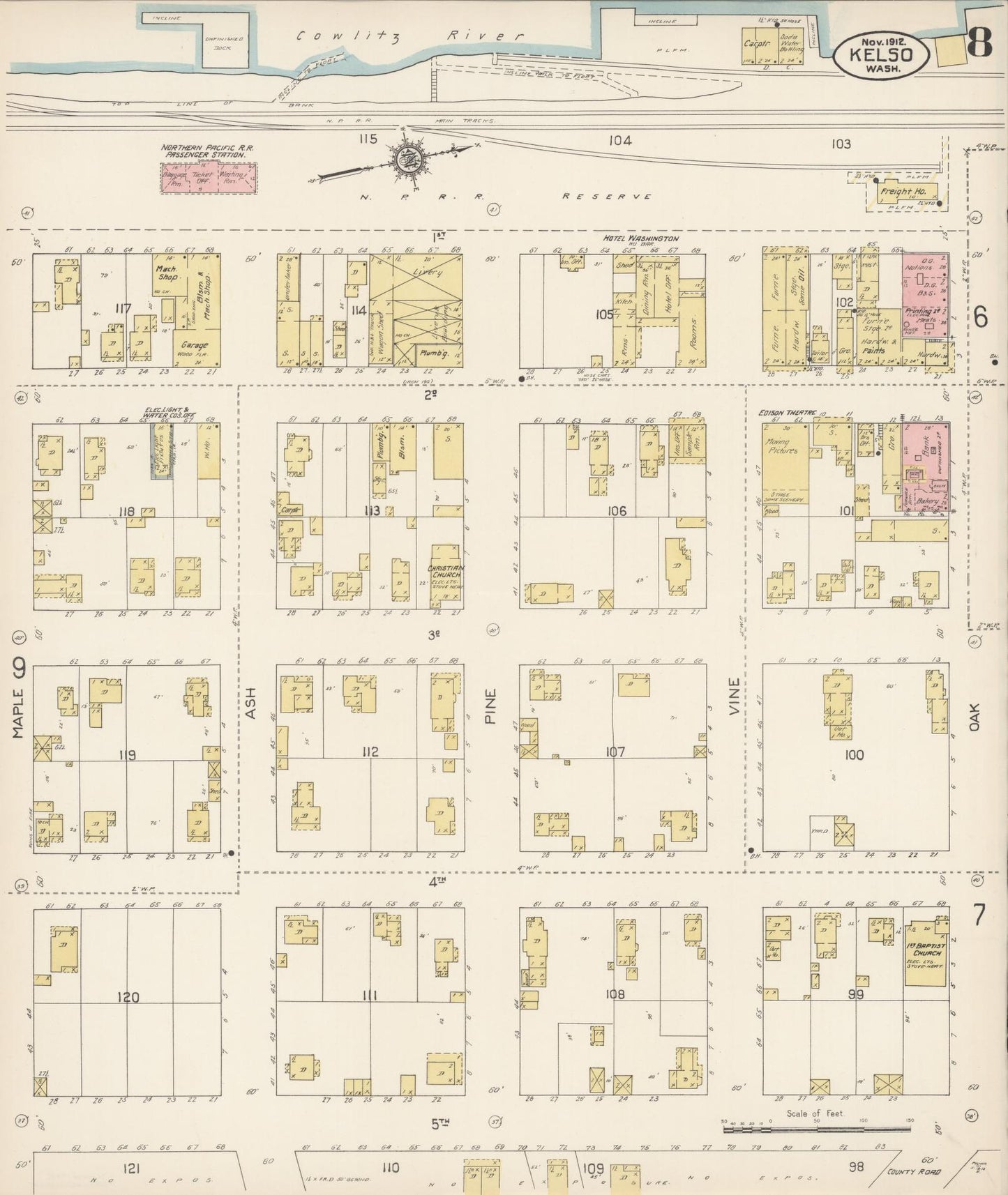 Sanborn Fire Insurance Map from Kelso, Cowlitz County, Washington (1912), Sheet #0008 - Complete Map Set gallery image, historic Sanborn map, vintage wall art, Washington Washington