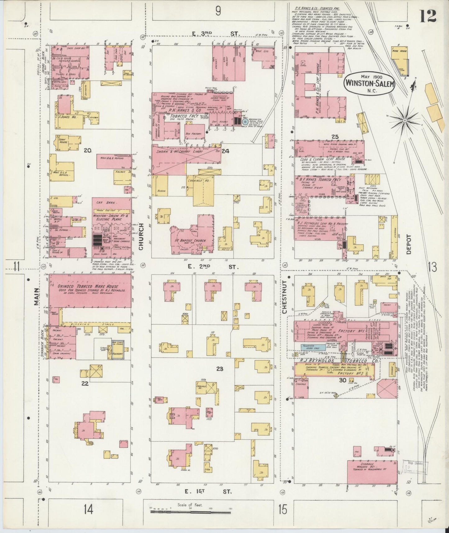 Sanborn Fire Insurance Map from Winston-Salem, Forsyth County, North Carolina (1900), Sheet #0012 - Complete Map Set gallery image, historic Sanborn map, vintage wall art, North Carolina North Carolina