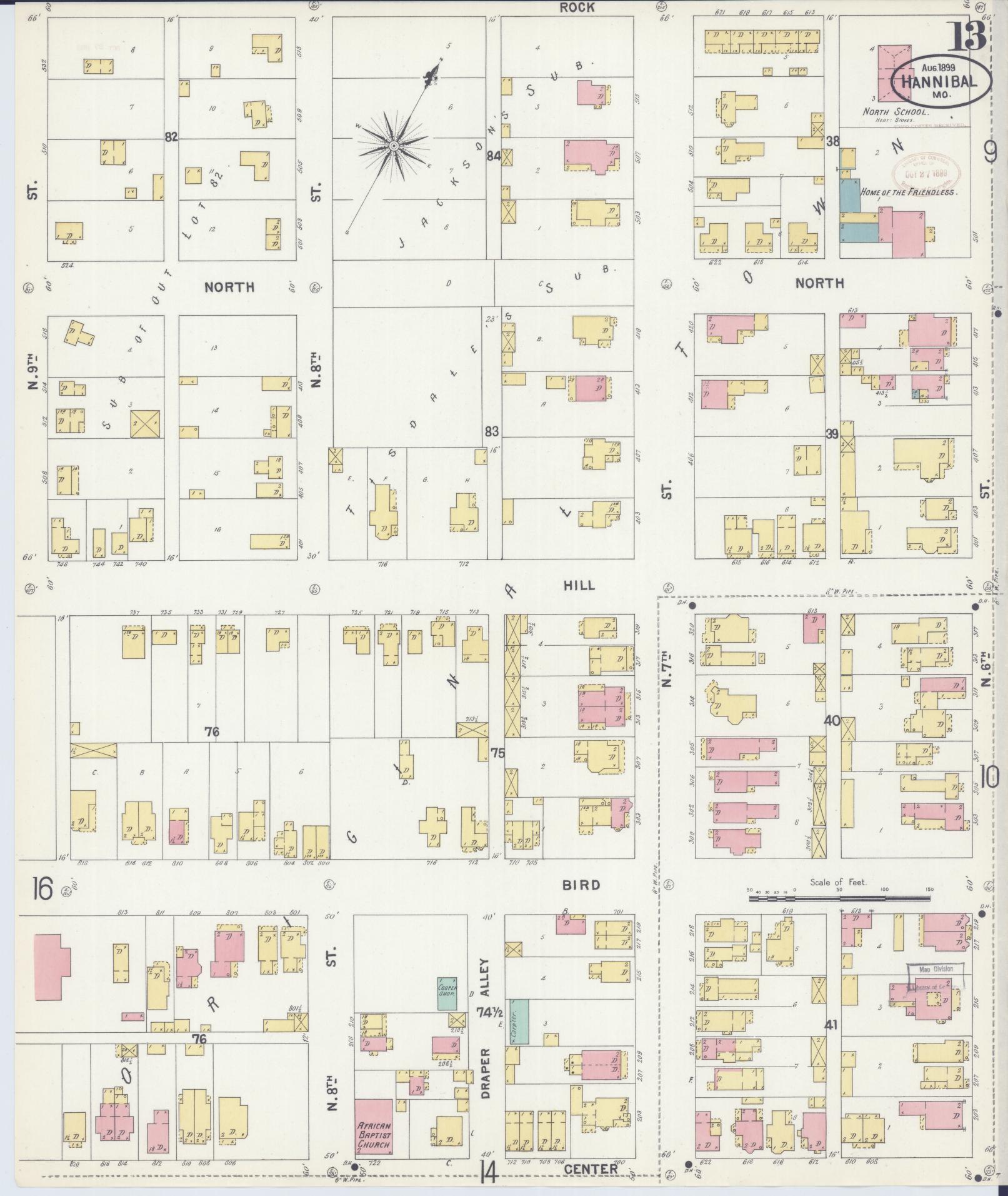Sanborn Fire Insurance Map from Hannibal, Marion County, Missouri (1899), Sheet #0013 - Historic Sanborn Fire Insurance Map Print, vintage old map wall art, antique decor, genealogy gift, Missouri Missouri map