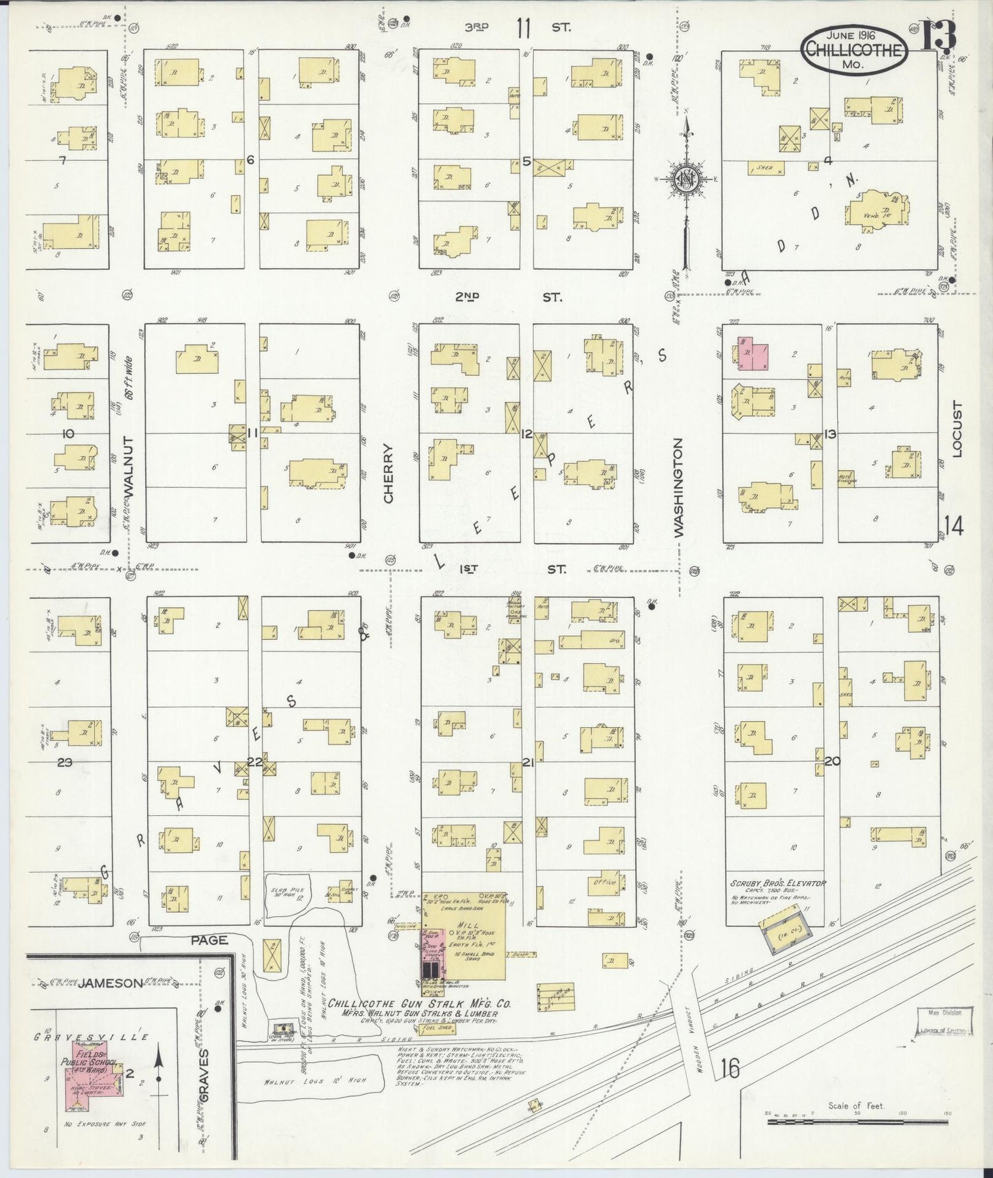 Sanborn Fire Insurance Map from Chillicothe, Livingston County, Missouri (1916), Sheet #0013 - Historic Sanborn Fire Insurance Map Print, vintage old map wall art, antique decor, genealogy gift, Missouri Missouri map