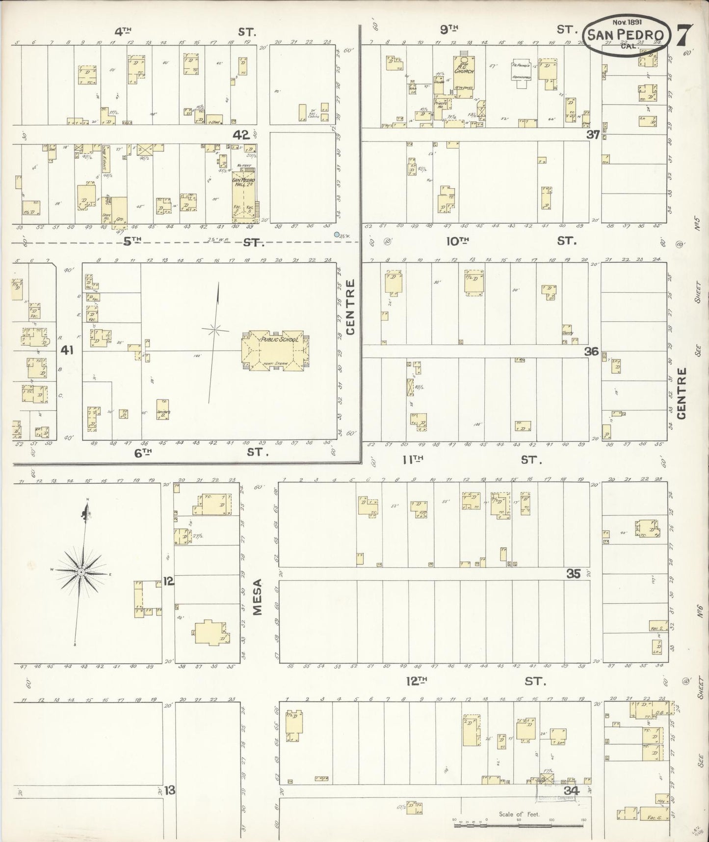 Sanborn Fire Insurance Map from San Pedro, Los Angeles County, California (1891), Sheet #0007 - Complete Map Set gallery image, historic Sanborn map, vintage wall art, California California