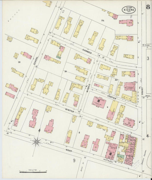 Sanborn Fire Insurance Map from Keene, Cheshire County, New Hampshire (1897), Sheet #0008 - Historic Sanborn Fire Insurance Map Print, vintage old map wall art, antique decor, genealogy gift, New Hampshire New Hampshire map