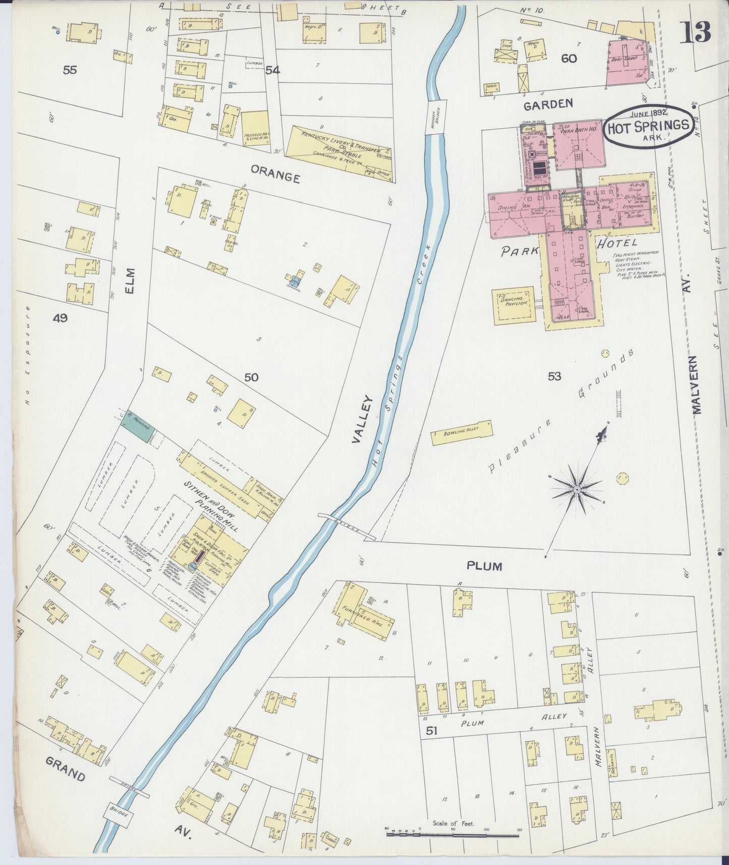 Sanborn Fire Insurance Map from Hot Springs, Garland County, Arkansas (1892), Sheet #0013 - Complete Map Set gallery image, historic Sanborn map, vintage wall art, Arkansas Arkansas