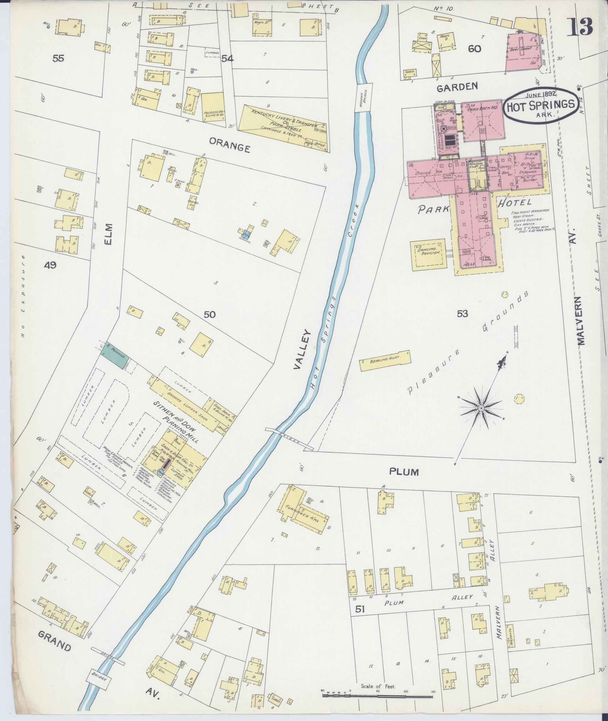 Sanborn Fire Insurance Map from Hot Springs, Garland County, Arkansas (1892), Sheet #0013 - Complete Map Set gallery image, historic Sanborn map, vintage wall art, Arkansas Arkansas